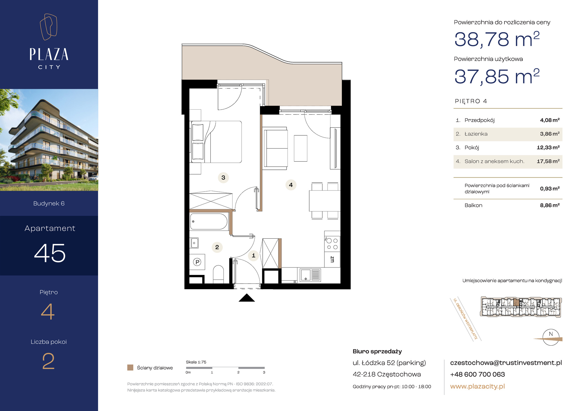 Mieszkanie 38,78 m², piętro 4, oferta nr B6M45, Plaza City, Częstochowa, Częstochówka-Parkitka, ul. Łódzka-idx