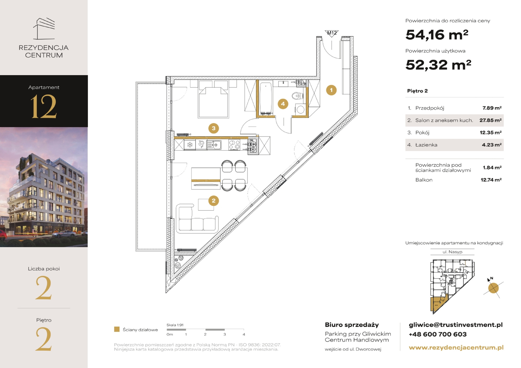 Mieszkanie 54,16 m², piętro 2, oferta nr M12, Rezydencja Centrum, Gliwice, Śródmieście, ul. Nasyp 2C-idx