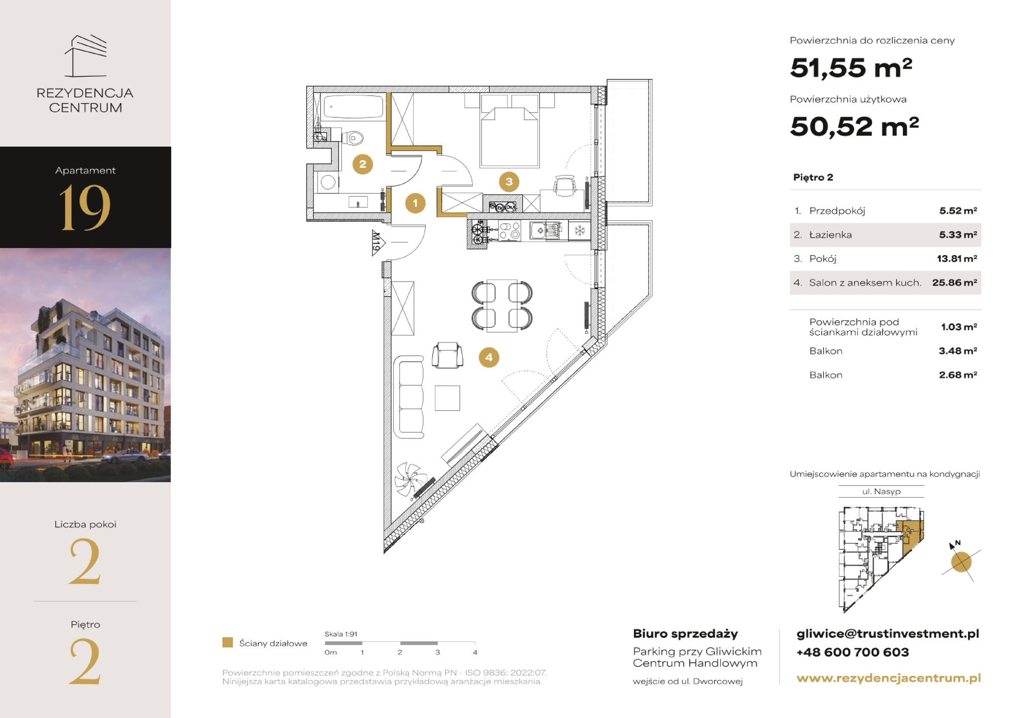 Mieszkanie 51,55 m², piętro 2, oferta nr M19, Rezydencja Centrum, Gliwice, Śródmieście, ul. Nasyp 2C-idx