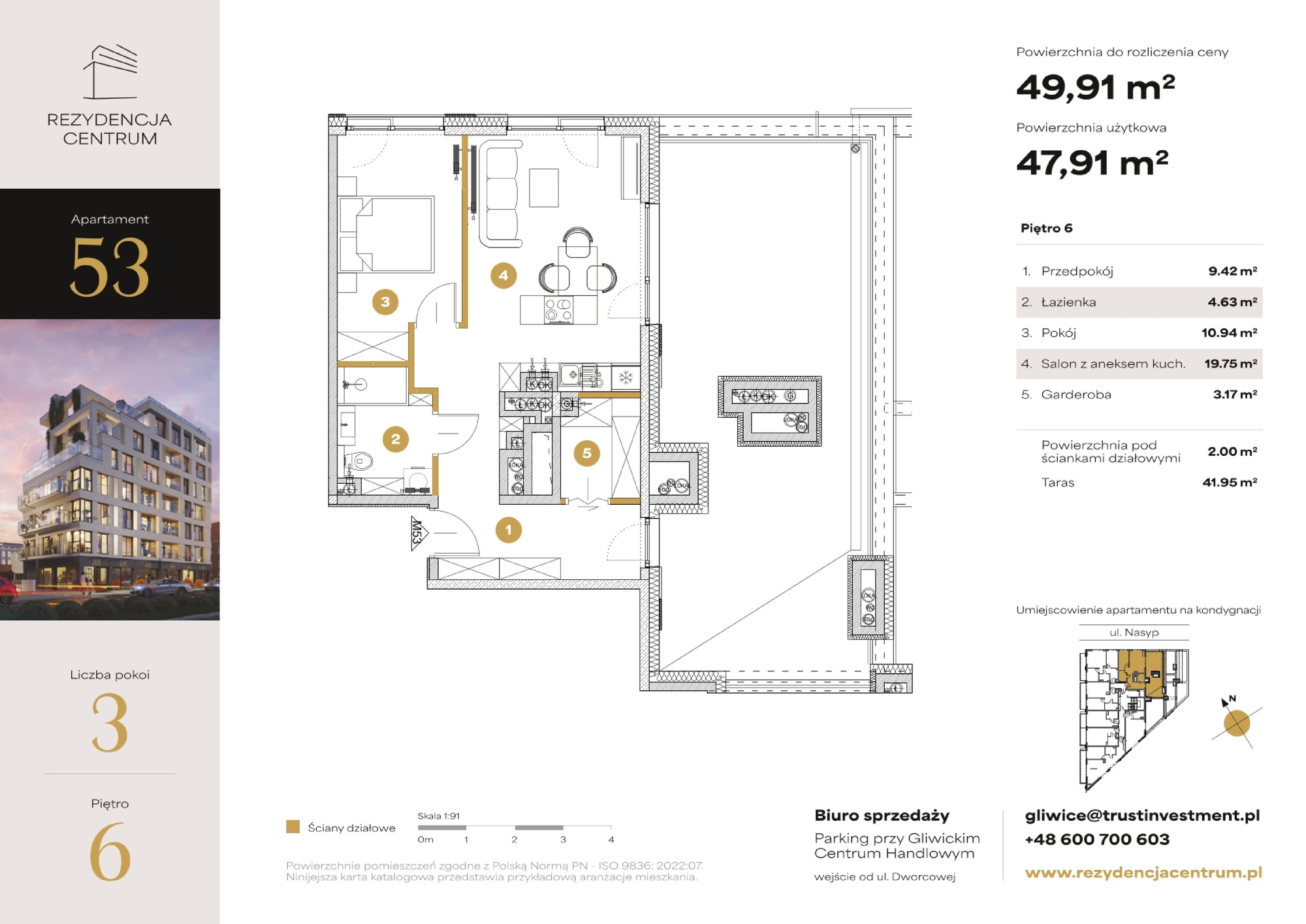 Mieszkanie 49,91 m², piętro 6, oferta nr M53, Rezydencja Centrum, Gliwice, Śródmieście, ul. Nasyp 2C-idx