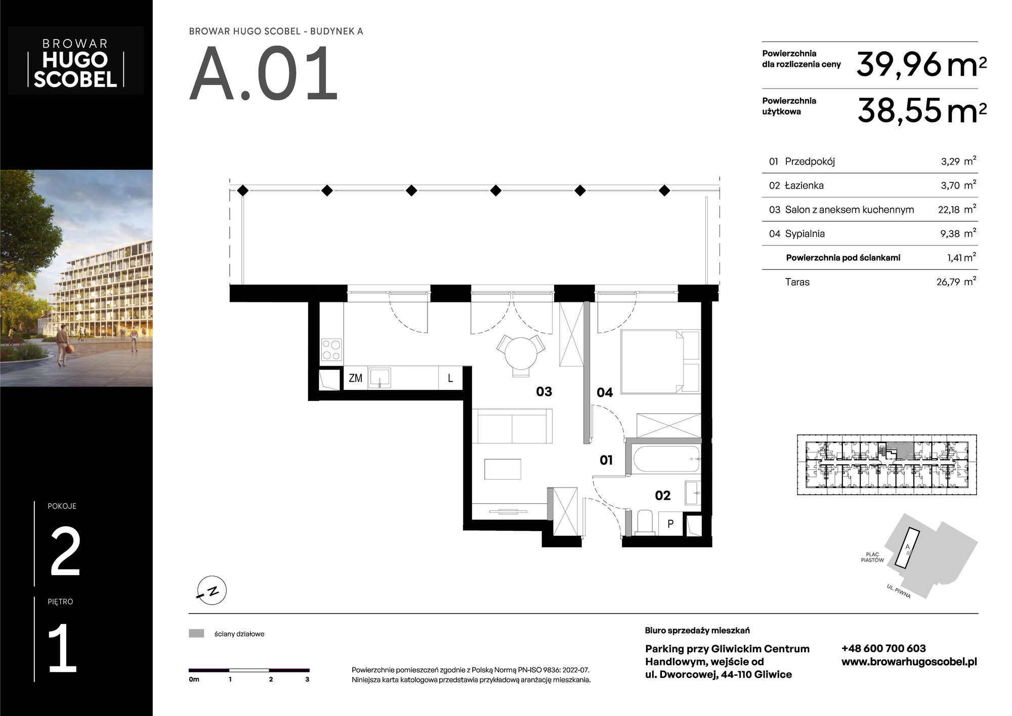 Mieszkanie 39,96 m², piętro 1, oferta nr A.01, Browar Hugo Scobel, Gliwice, Śródmieście, ul. Piwna-idx