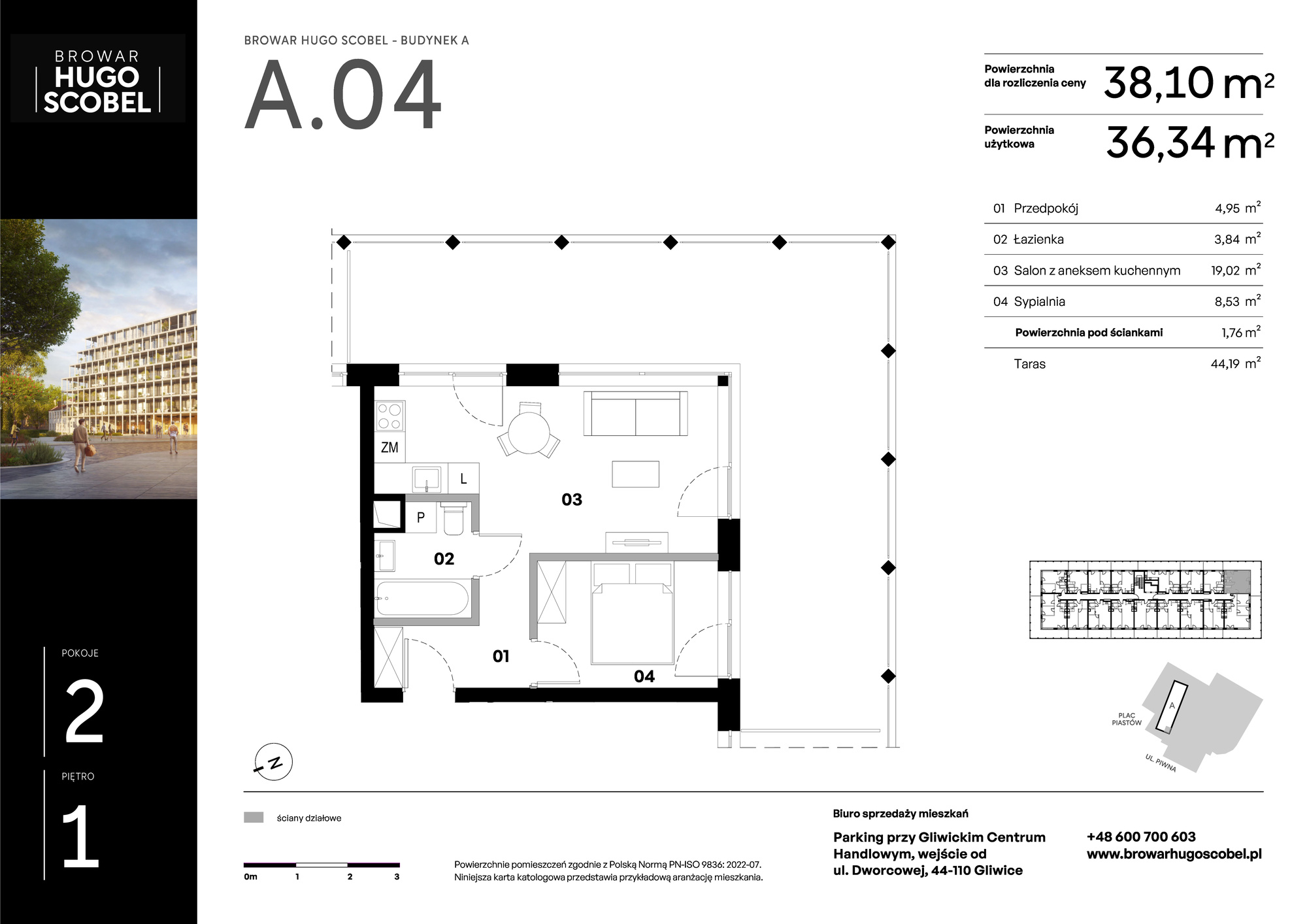 Mieszkanie 38,10 m², piętro 1, oferta nr A.04, Browar Hugo Scobel, Gliwice, Śródmieście, ul. Piwna-idx