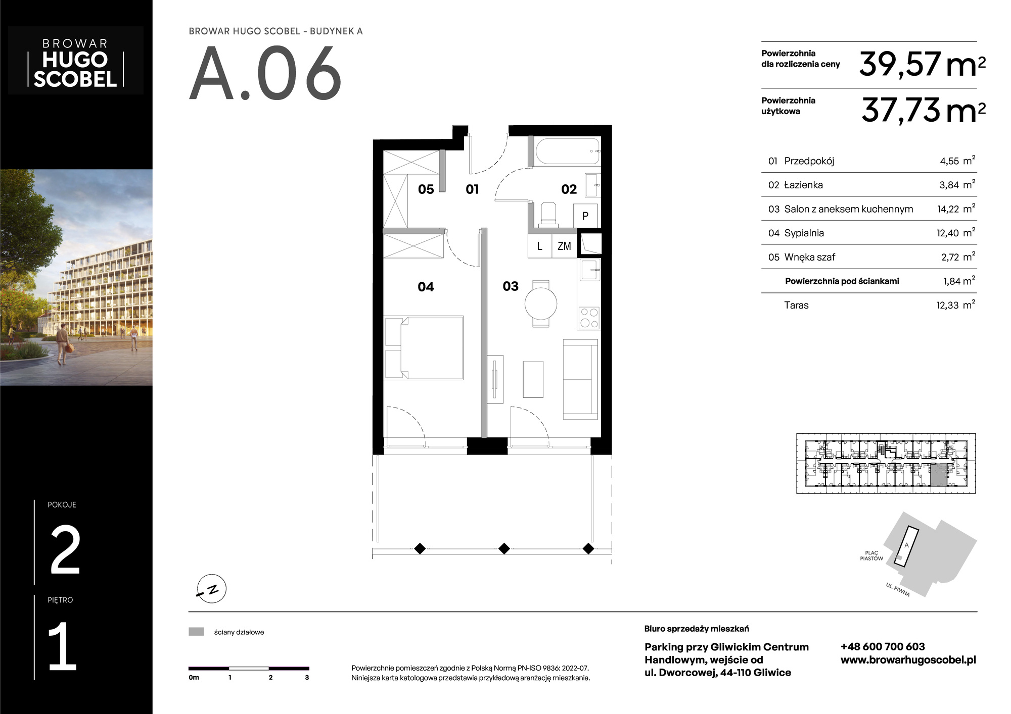 Mieszkanie 39,57 m², piętro 1, oferta nr A.06, Browar Hugo Scobel, Gliwice, Śródmieście, ul. Piwna-idx