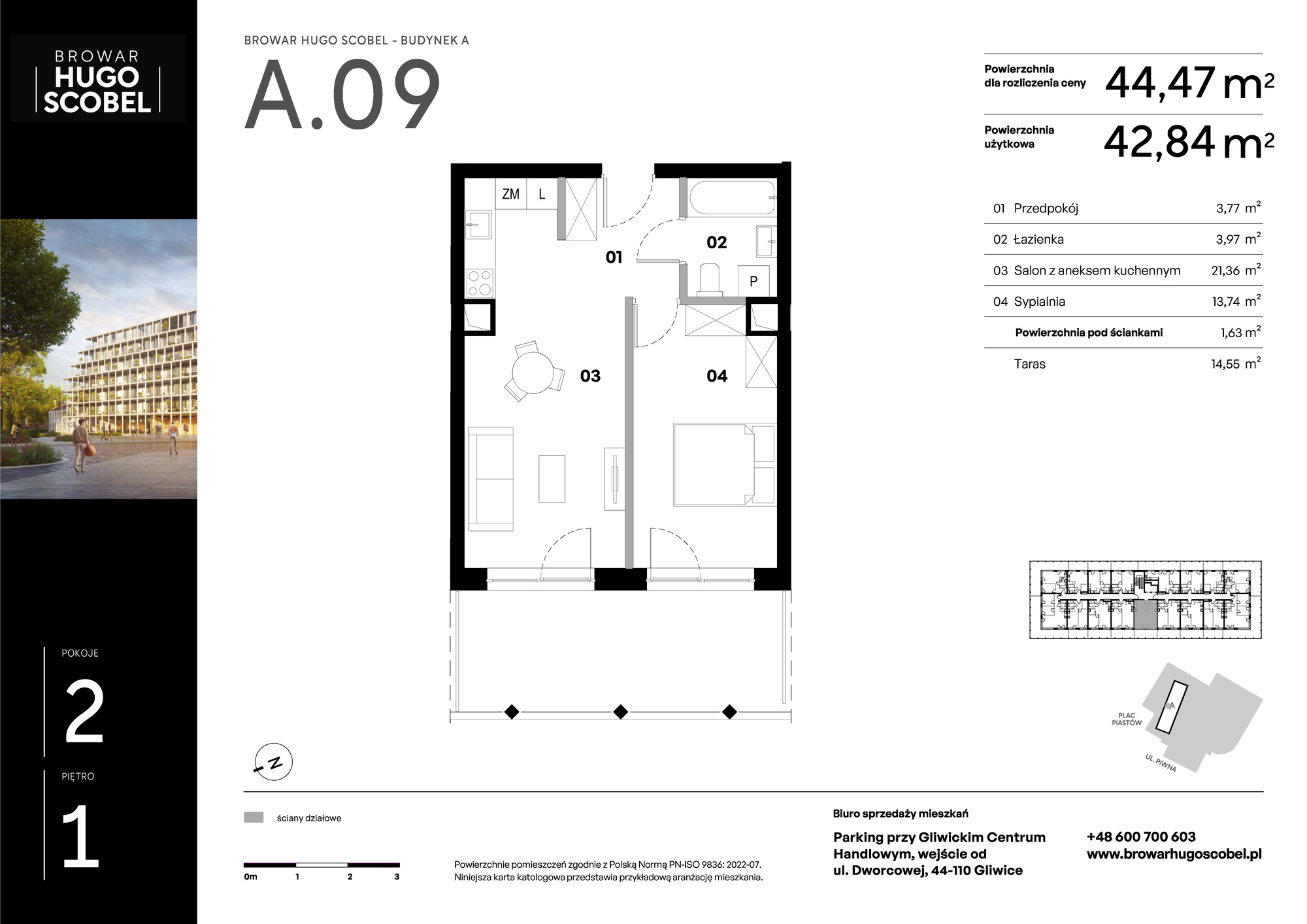 Mieszkanie 44,47 m², piętro 1, oferta nr A.09, Browar Hugo Scobel, Gliwice, Śródmieście, ul. Piwna-idx