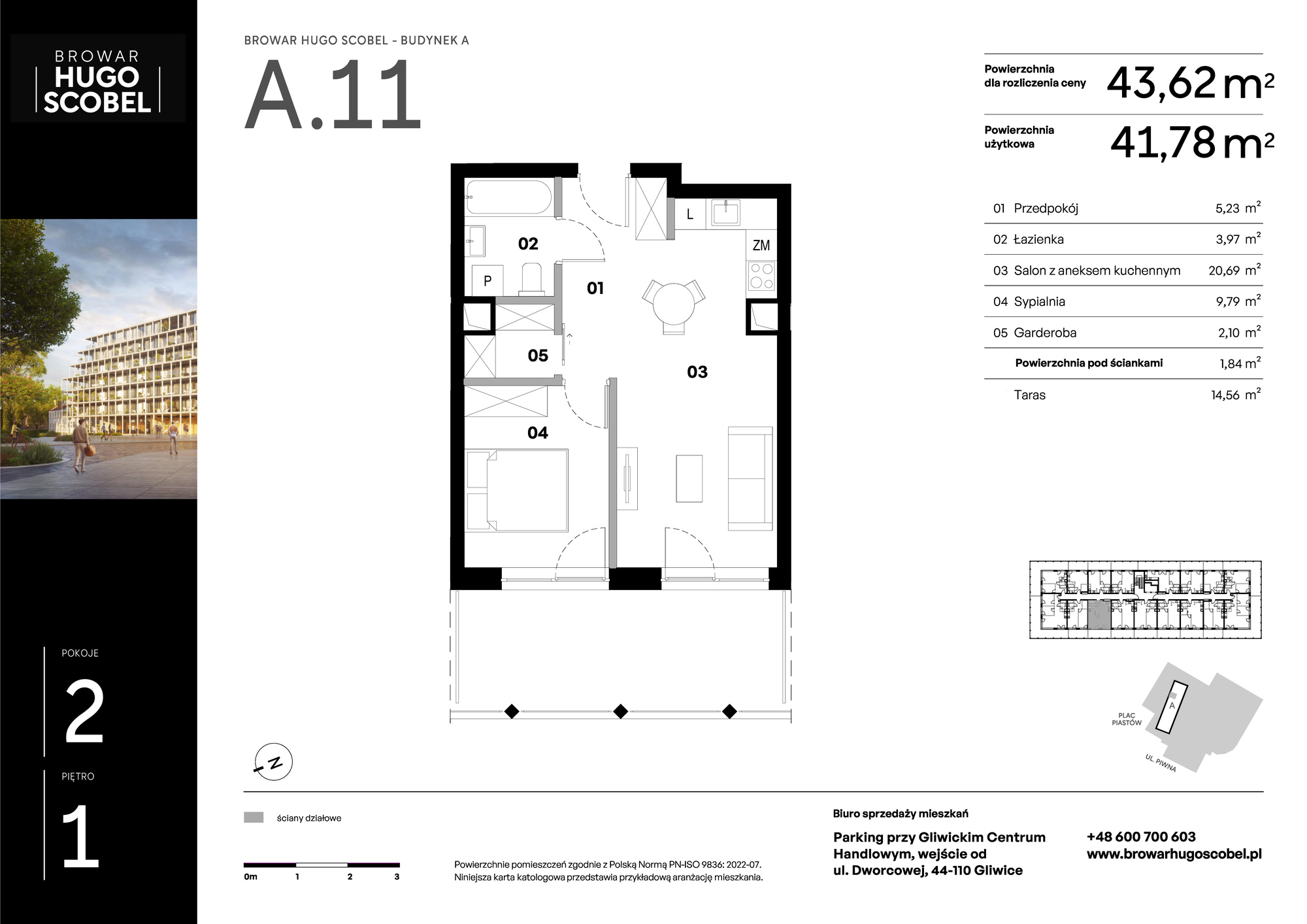 Apartament 43,62 m², piętro 1, oferta nr A.11, Browar Hugo Scobel, Gliwice, Śródmieście, ul. Piwna-idx