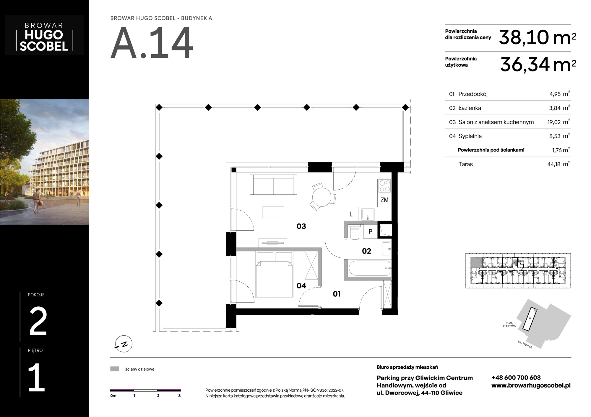 Mieszkanie 38,10 m², piętro 1, oferta nr A.14, Browar Hugo Scobel, Gliwice, Śródmieście, ul. Piwna-idx