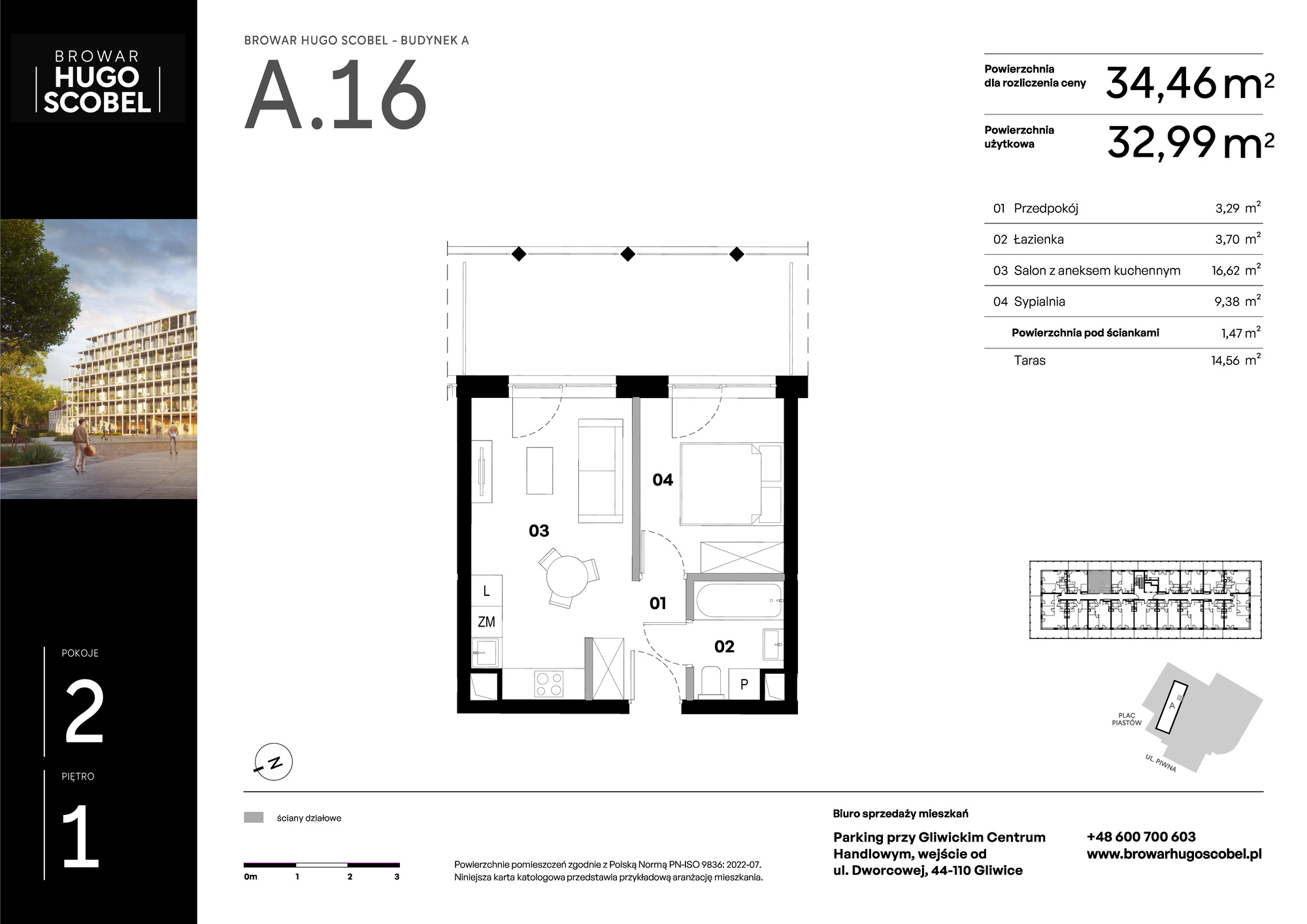 Apartament 34,46 m², piętro 1, oferta nr A.16, Browar Hugo Scobel, Gliwice, Śródmieście, ul. Piwna-idx