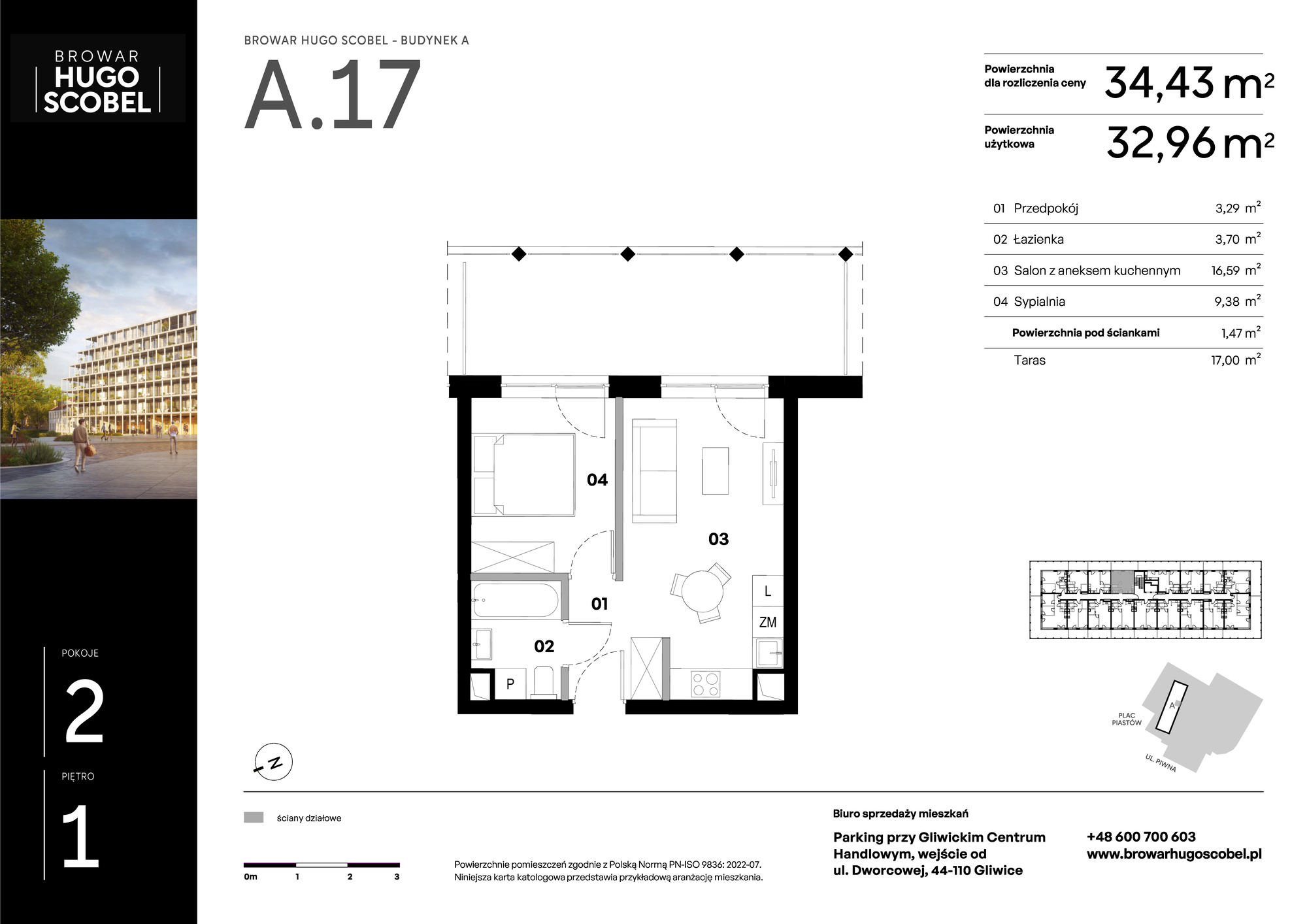 Mieszkanie 34,43 m², piętro 1, oferta nr A.17, Browar Hugo Scobel, Gliwice, Śródmieście, ul. Piwna-idx