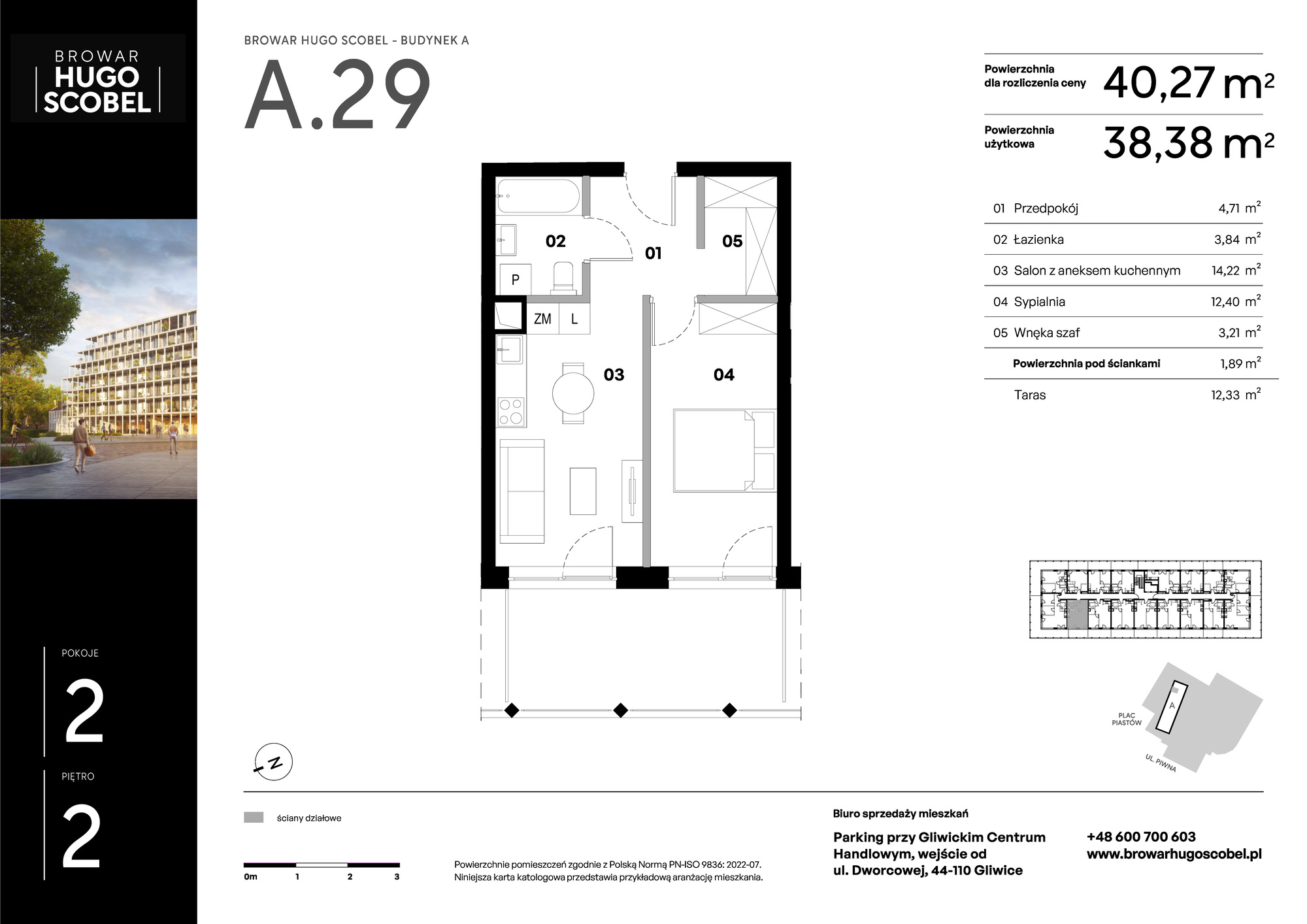 Mieszkanie 40,27 m², piętro 2, oferta nr A.29, Browar Hugo Scobel, Gliwice, Śródmieście, ul. Piwna-idx