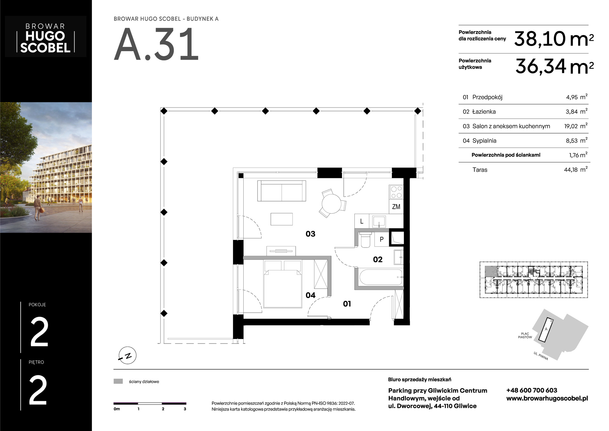 Apartament 38,10 m², piętro 2, oferta nr A.31, Browar Hugo Scobel, Gliwice, Śródmieście, ul. Piwna-idx