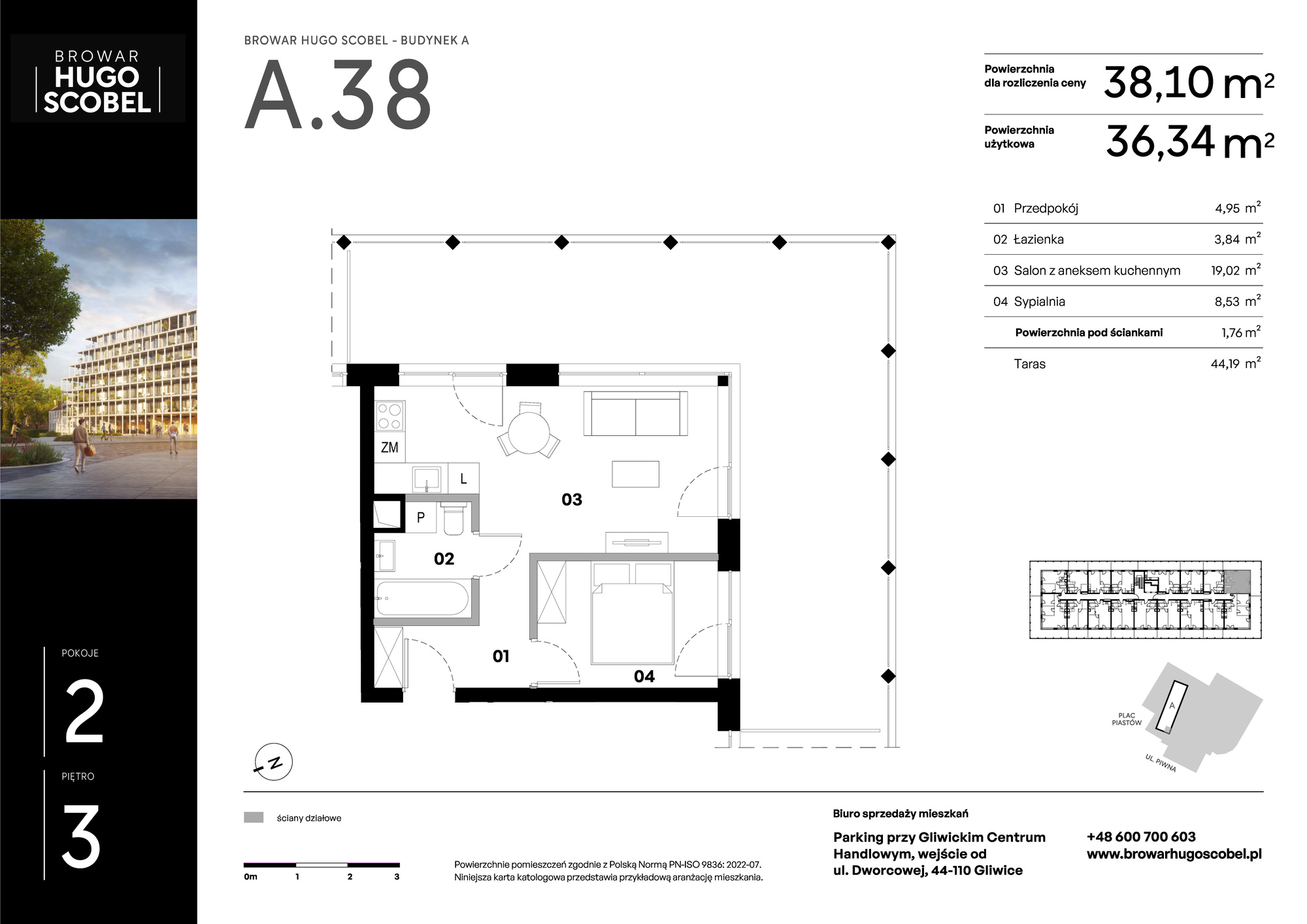 Mieszkanie 38,10 m², piętro 3, oferta nr A.38, Browar Hugo Scobel, Gliwice, Śródmieście, ul. Piwna-idx