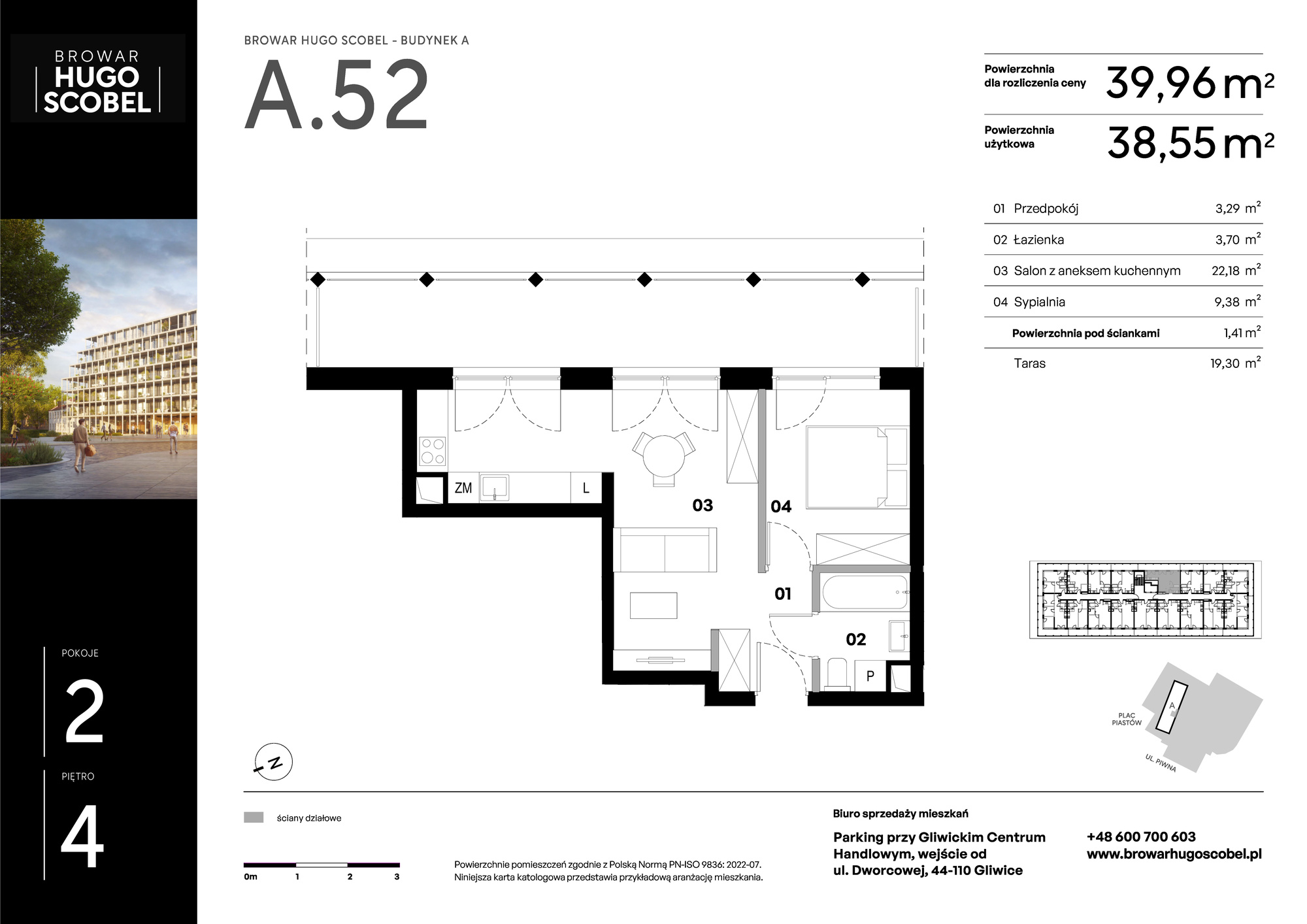 Apartament 39,96 m², piętro 4, oferta nr A.52, Browar Hugo Scobel, Gliwice, Śródmieście, ul. Piwna-idx