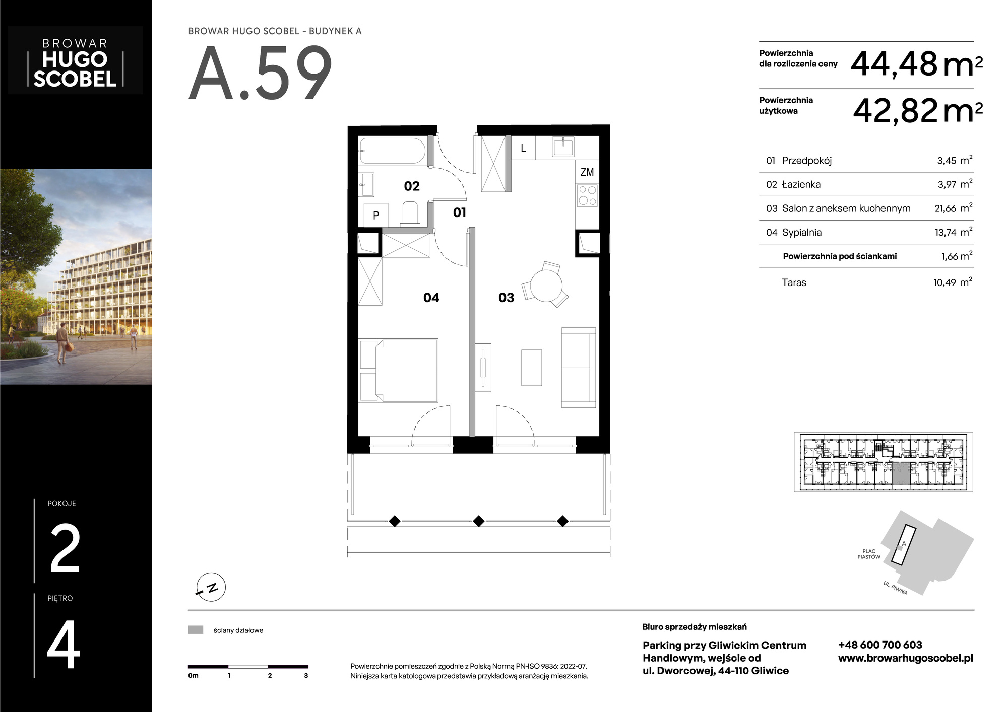 Mieszkanie 44,48 m², piętro 4, oferta nr A.59, Browar Hugo Scobel, Gliwice, Śródmieście, ul. Piwna-idx