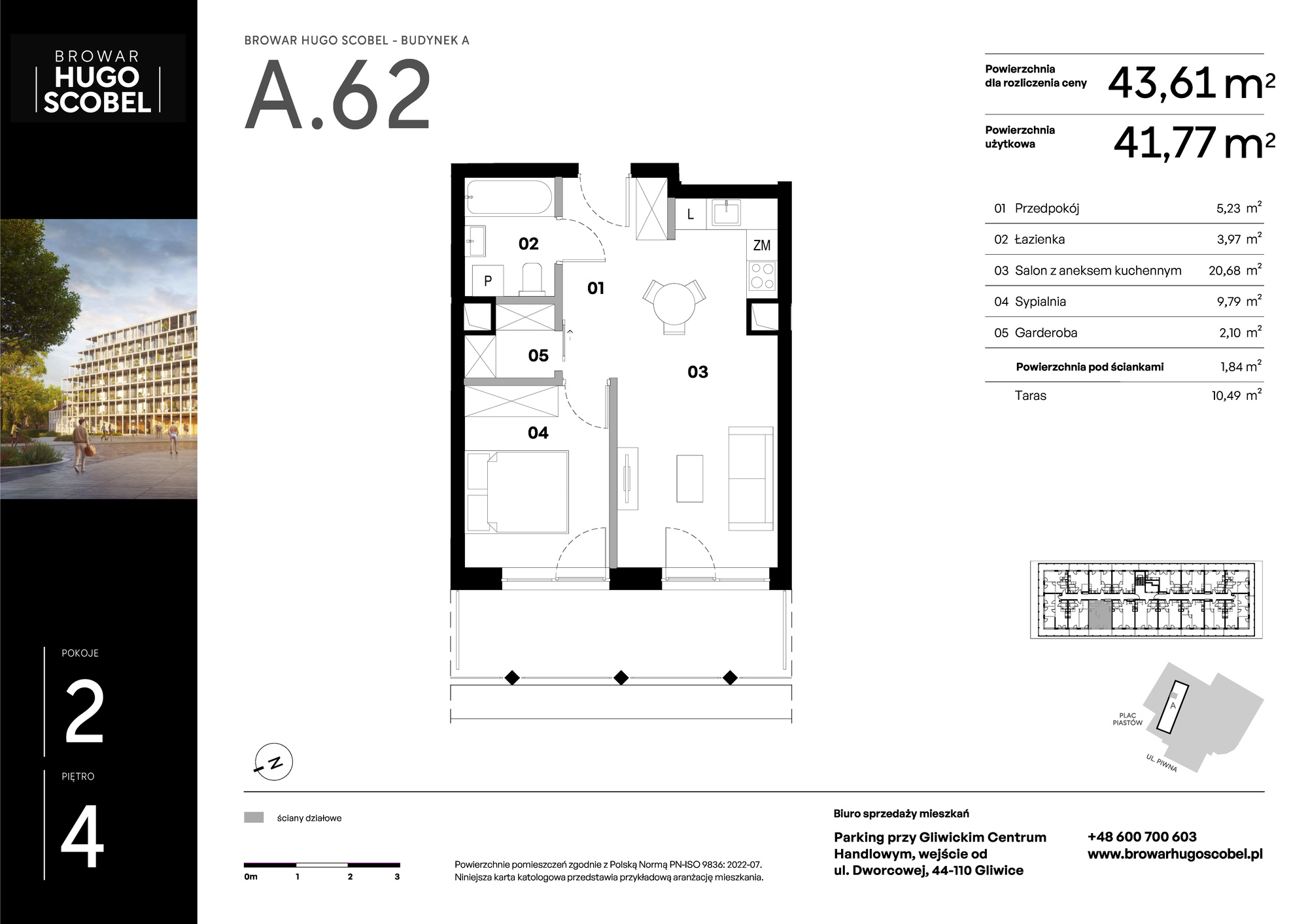 Mieszkanie 43,61 m², piętro 4, oferta nr A.62, Browar Hugo Scobel, Gliwice, Śródmieście, ul. Piwna-idx