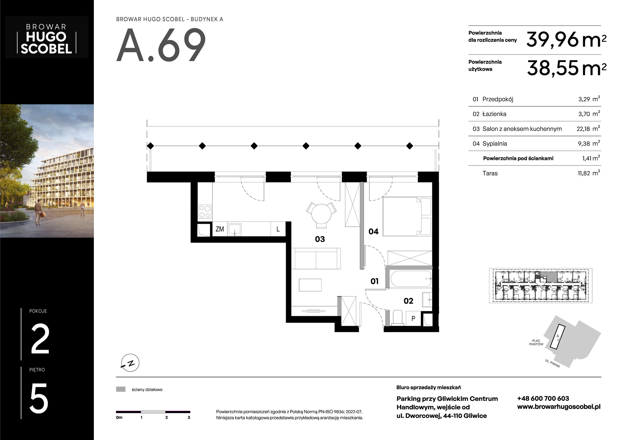 Mieszkanie 39,96 m², piętro 5, oferta nr A.69, Browar Hugo Scobel, Gliwice, Śródmieście, ul. Piwna-idx