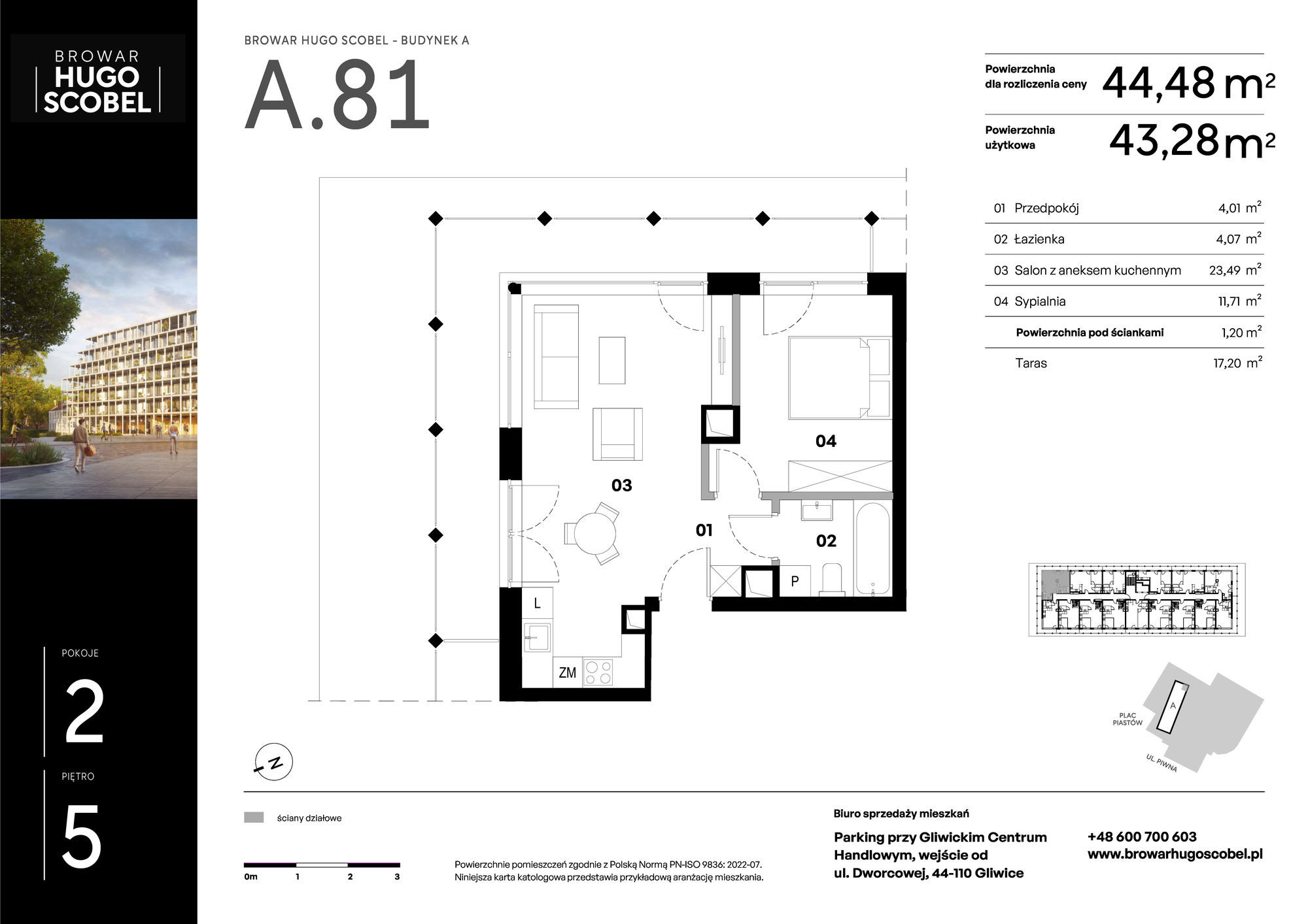 Mieszkanie 44,48 m², piętro 5, oferta nr A.81, Browar Hugo Scobel, Gliwice, Śródmieście, ul. Piwna-idx