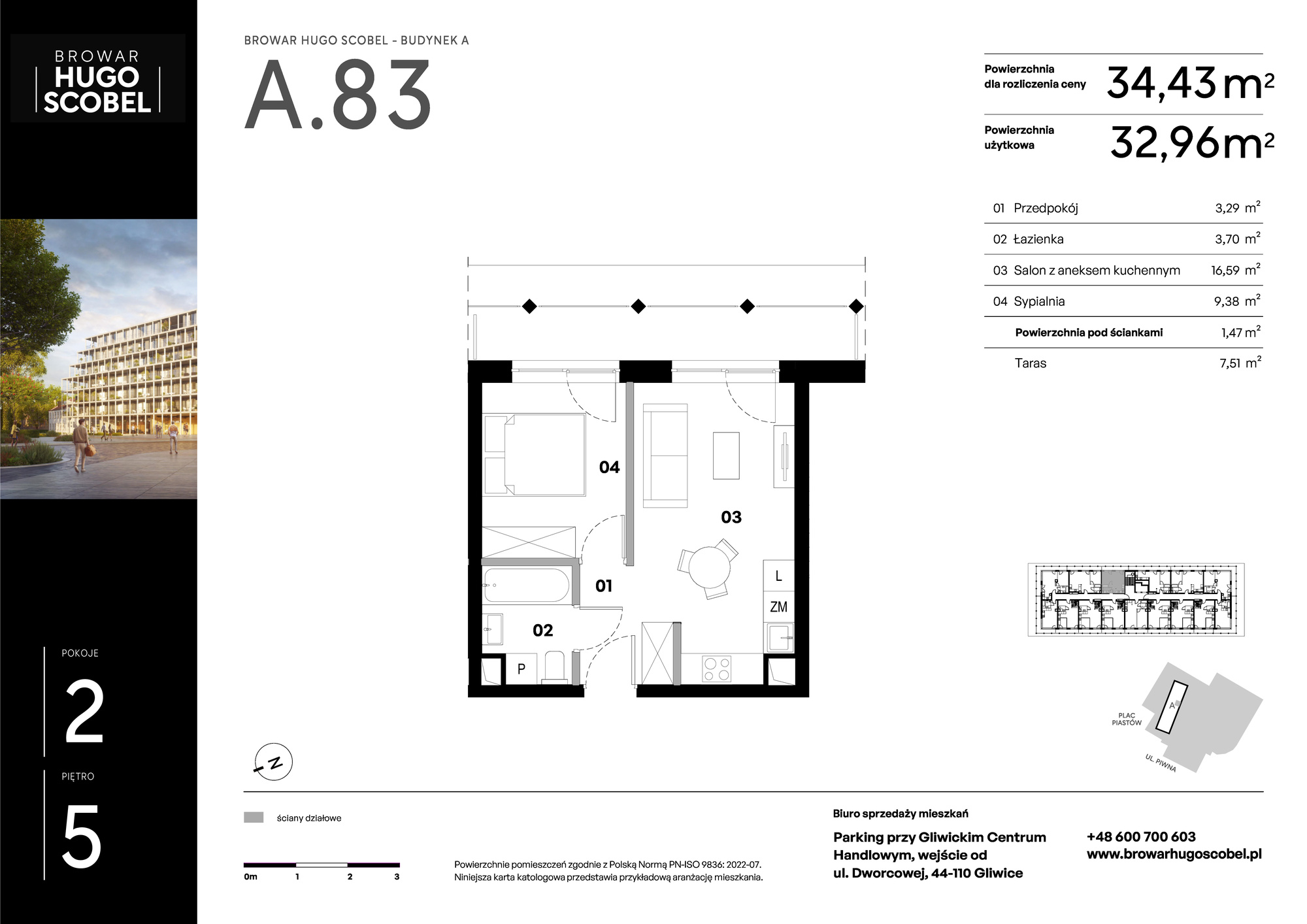 Mieszkanie 34,43 m², piętro 5, oferta nr A.83, Browar Hugo Scobel, Gliwice, Śródmieście, ul. Piwna-idx