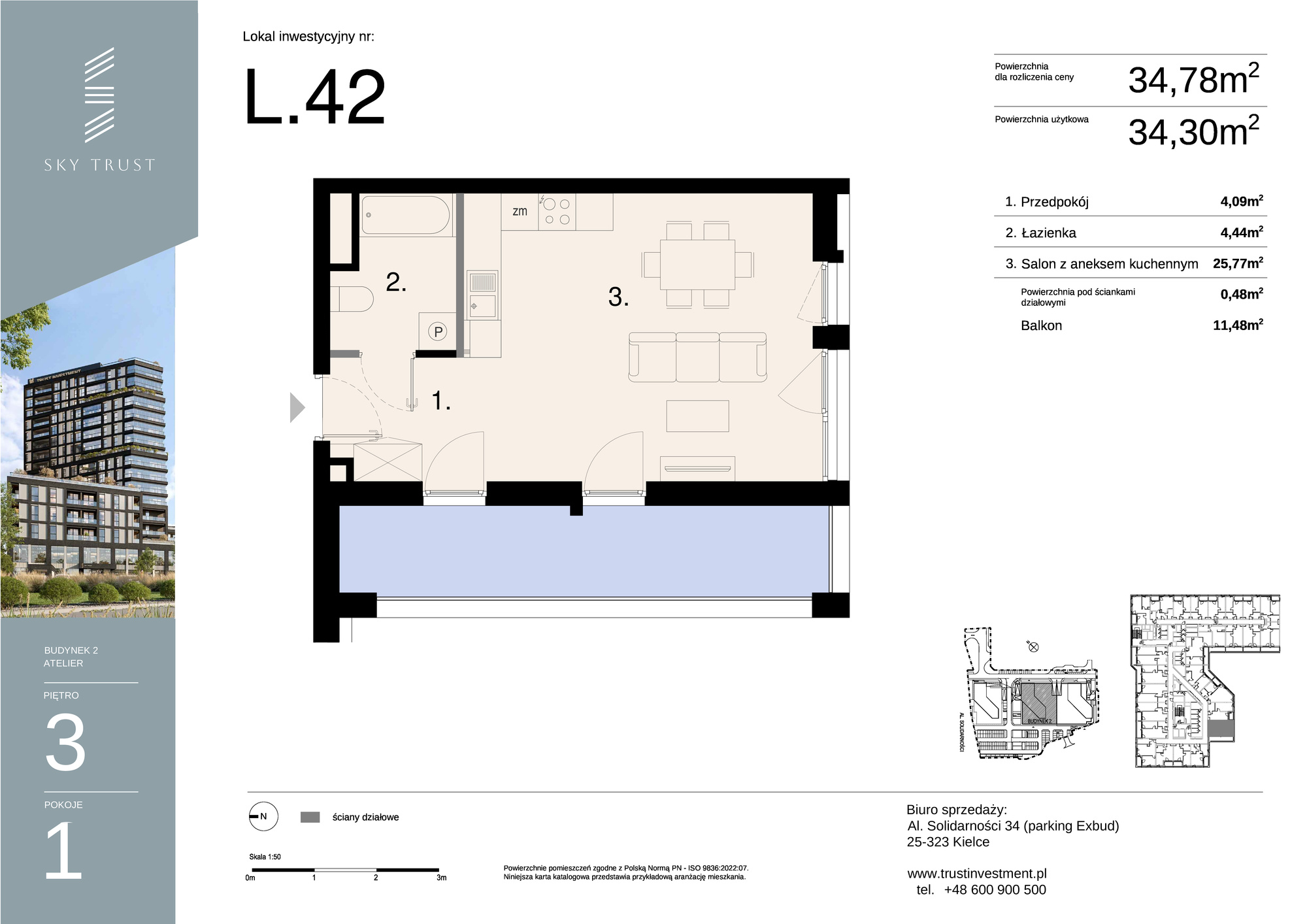 Lokal inwestycyjny 34,78 m², piętro 3, oferta nr L42, Sky Trust II - lokale inwestycyjne, Kielce, Bocianek, al. Solidarności / ul. Świętokrzyska-idx