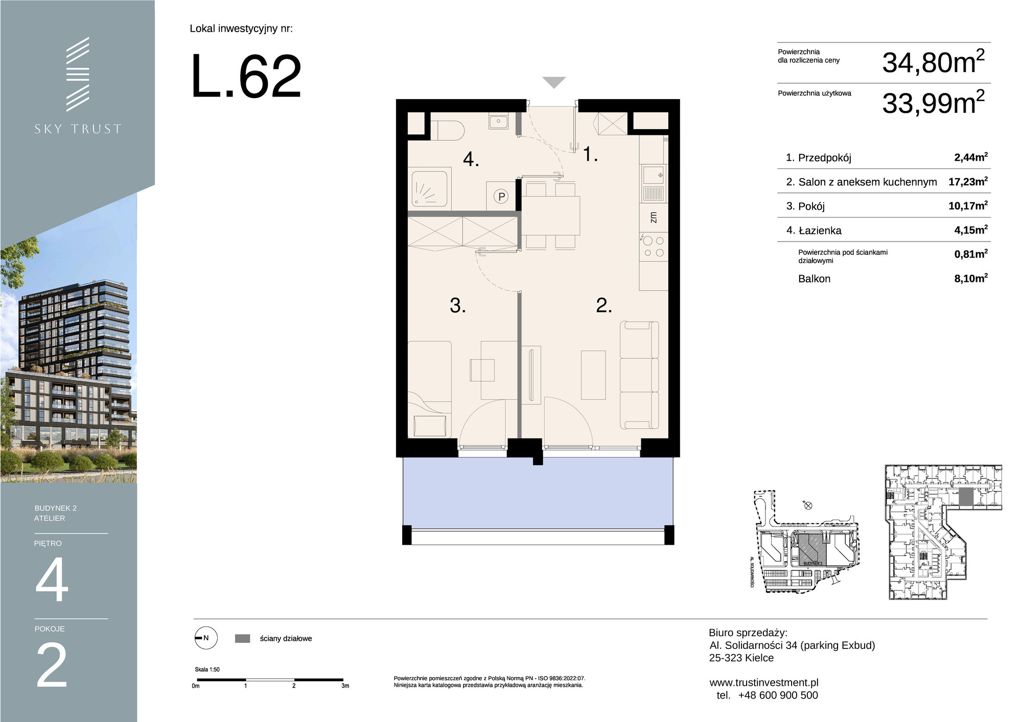 Lokal inwestycyjny 34,80 m², piętro 4, oferta nr L62, Sky Trust II - lokale inwestycyjne, Kielce, Bocianek, al. Solidarności / ul. Świętokrzyska-idx