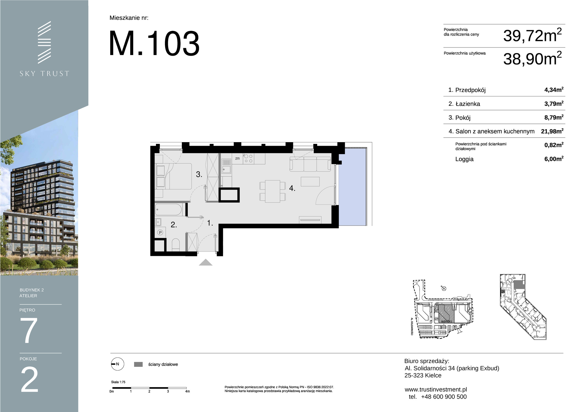 Mieszkanie 39,72 m², piętro 7, oferta nr M103, Sky Trust II , Kielce, Bocianek, al. Solidarności / ul. Świętokrzyska-idx