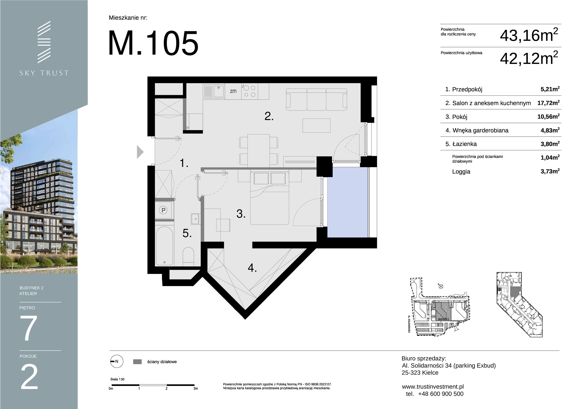 Mieszkanie 43,16 m², piętro 7, oferta nr M105, Sky Trust II , Kielce, Bocianek, al. Solidarności / ul. Świętokrzyska-idx