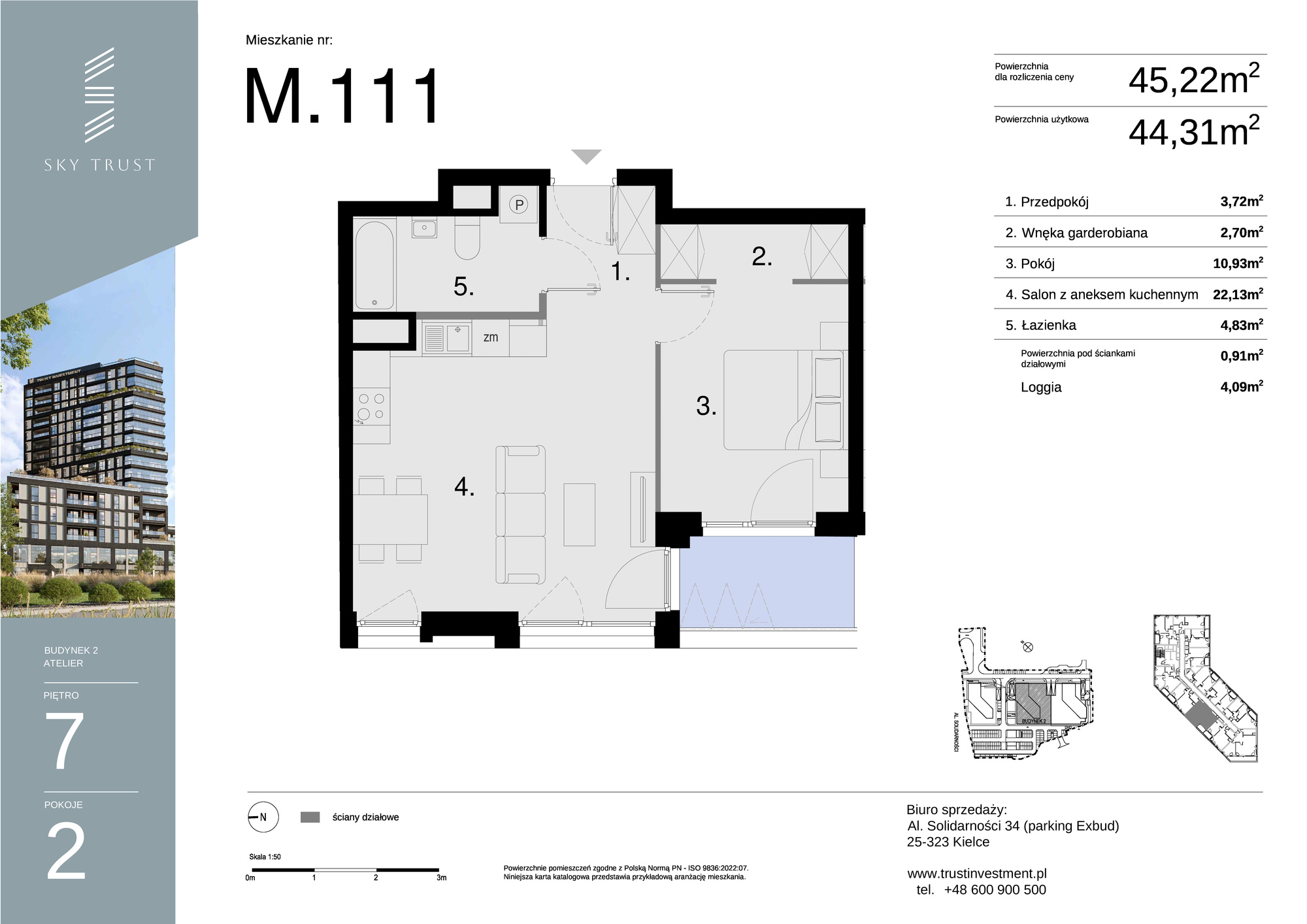 Mieszkanie 45,22 m², piętro 7, oferta nr M111, Sky Trust II , Kielce, Bocianek, al. Solidarności / ul. Świętokrzyska-idx