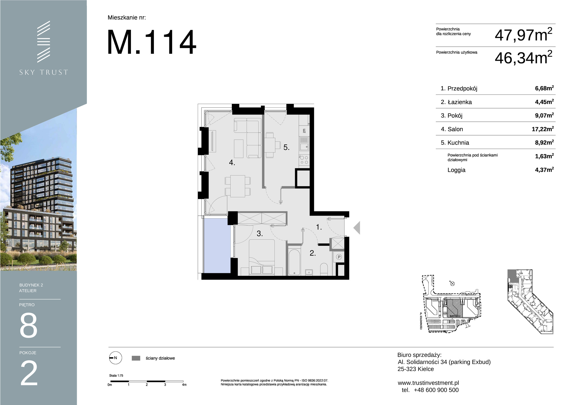 Mieszkanie 47,97 m², piętro 8, oferta nr M114, Sky Trust II , Kielce, Bocianek, al. Solidarności / ul. Świętokrzyska-idx