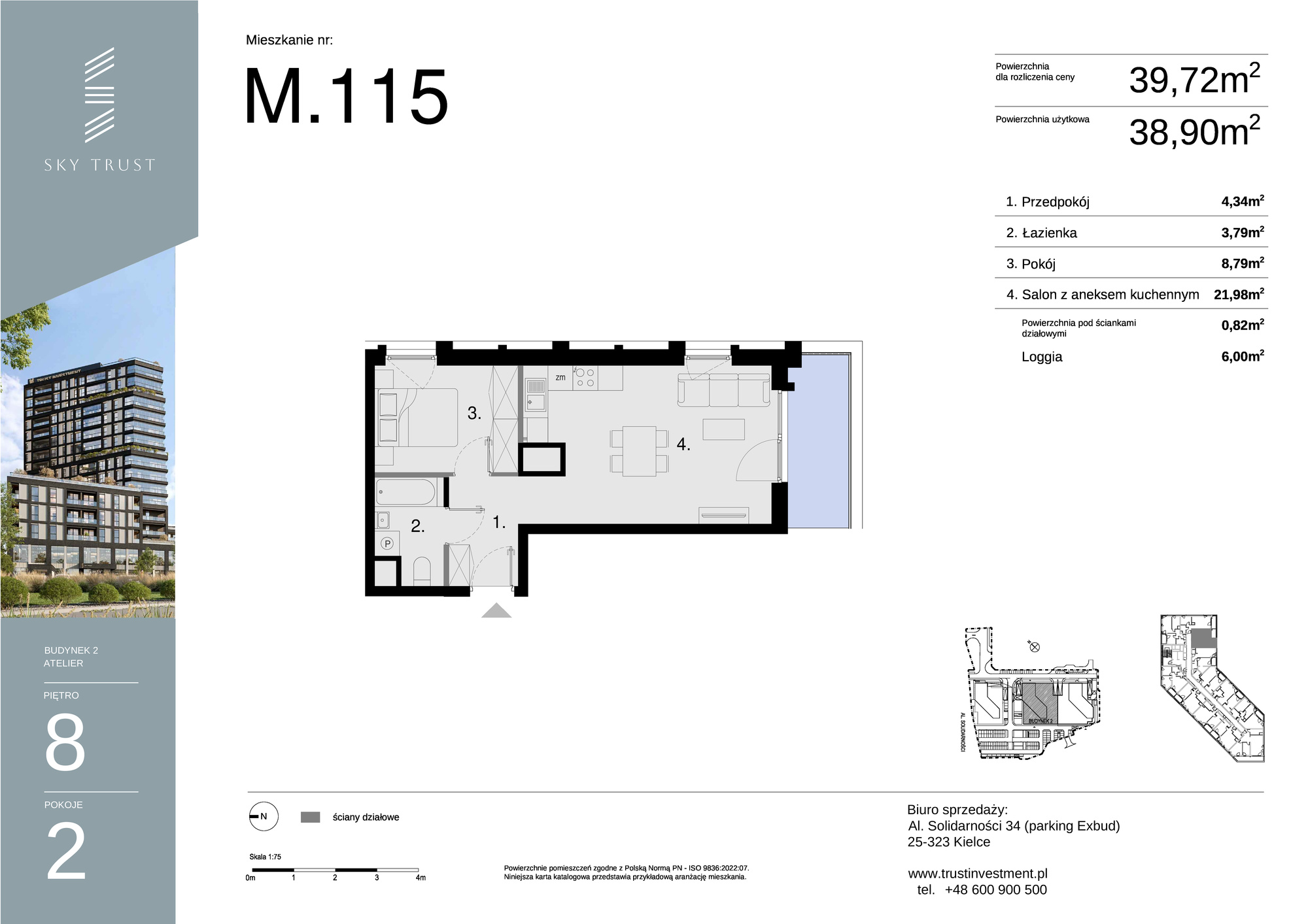 Mieszkanie 39,72 m², piętro 8, oferta nr M115, Sky Trust II , Kielce, Bocianek, al. Solidarności / ul. Świętokrzyska-idx