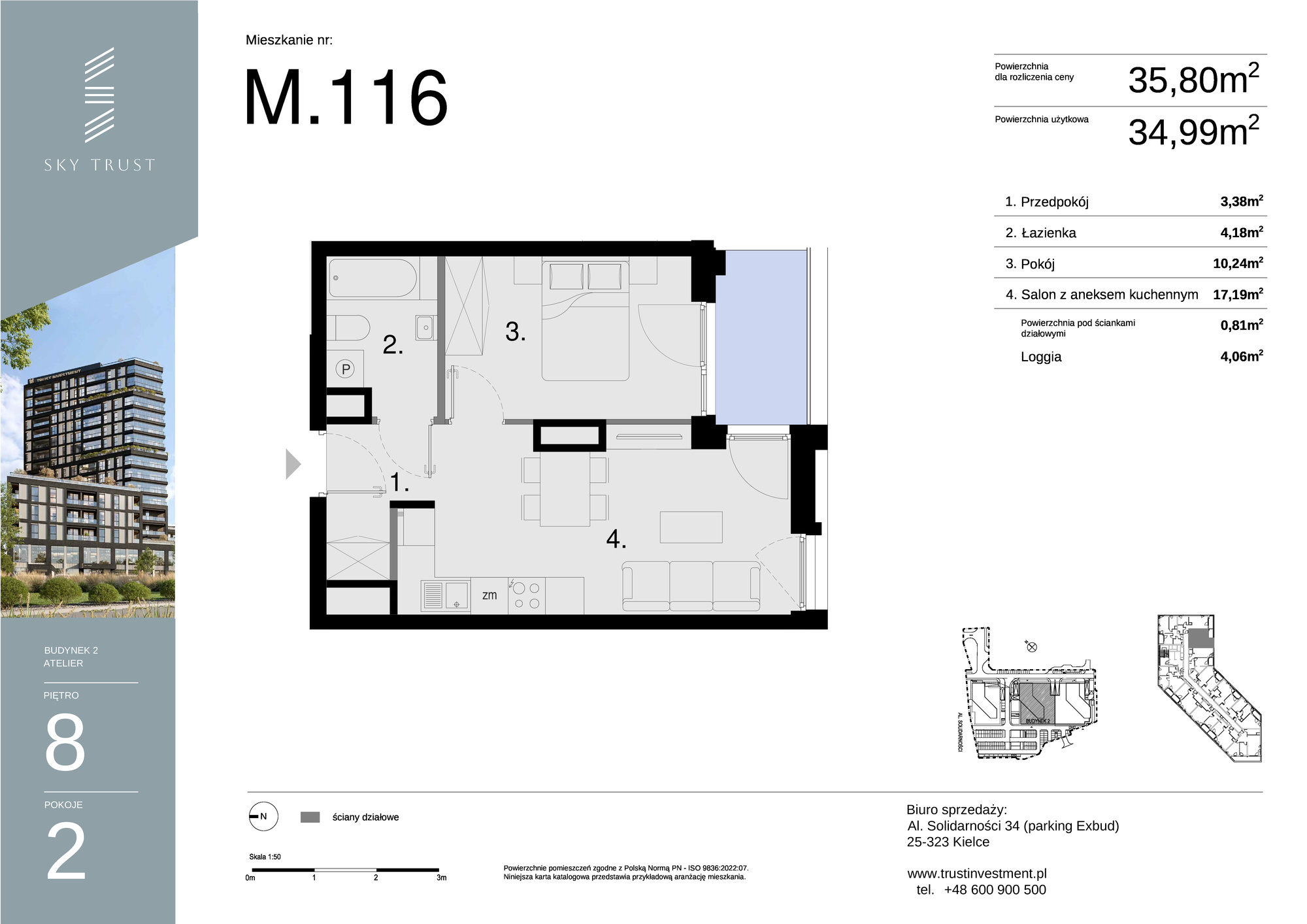 Mieszkanie 35,80 m², piętro 8, oferta nr M116, Sky Trust II , Kielce, Bocianek, al. Solidarności / ul. Świętokrzyska-idx