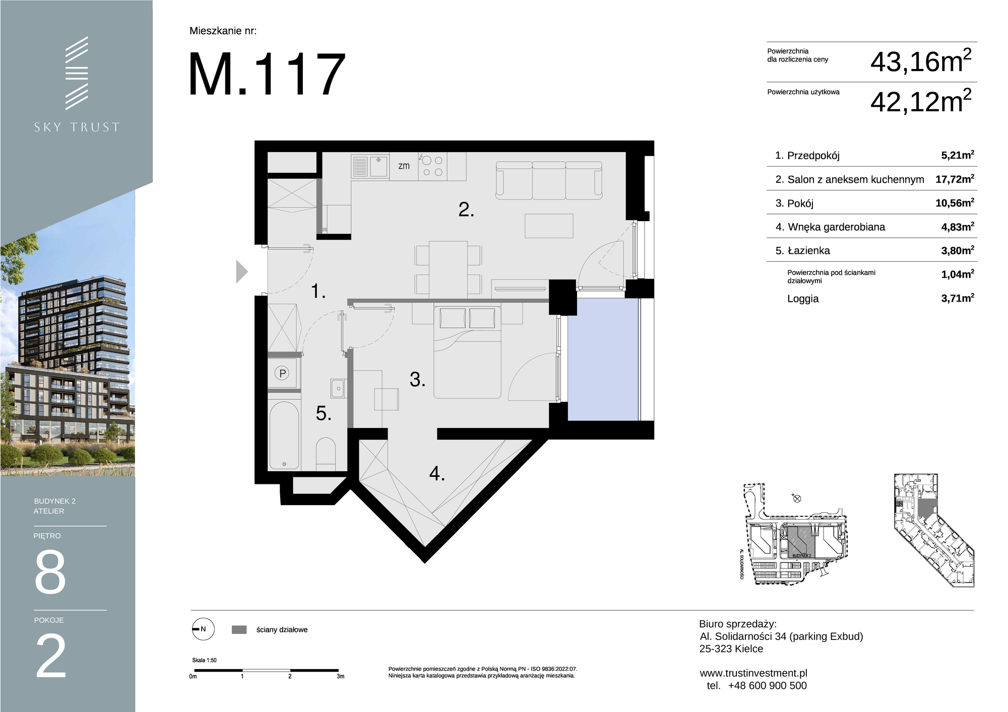 Mieszkanie 43,16 m², piętro 8, oferta nr M117, Sky Trust II , Kielce, Bocianek, al. Solidarności / ul. Świętokrzyska-idx