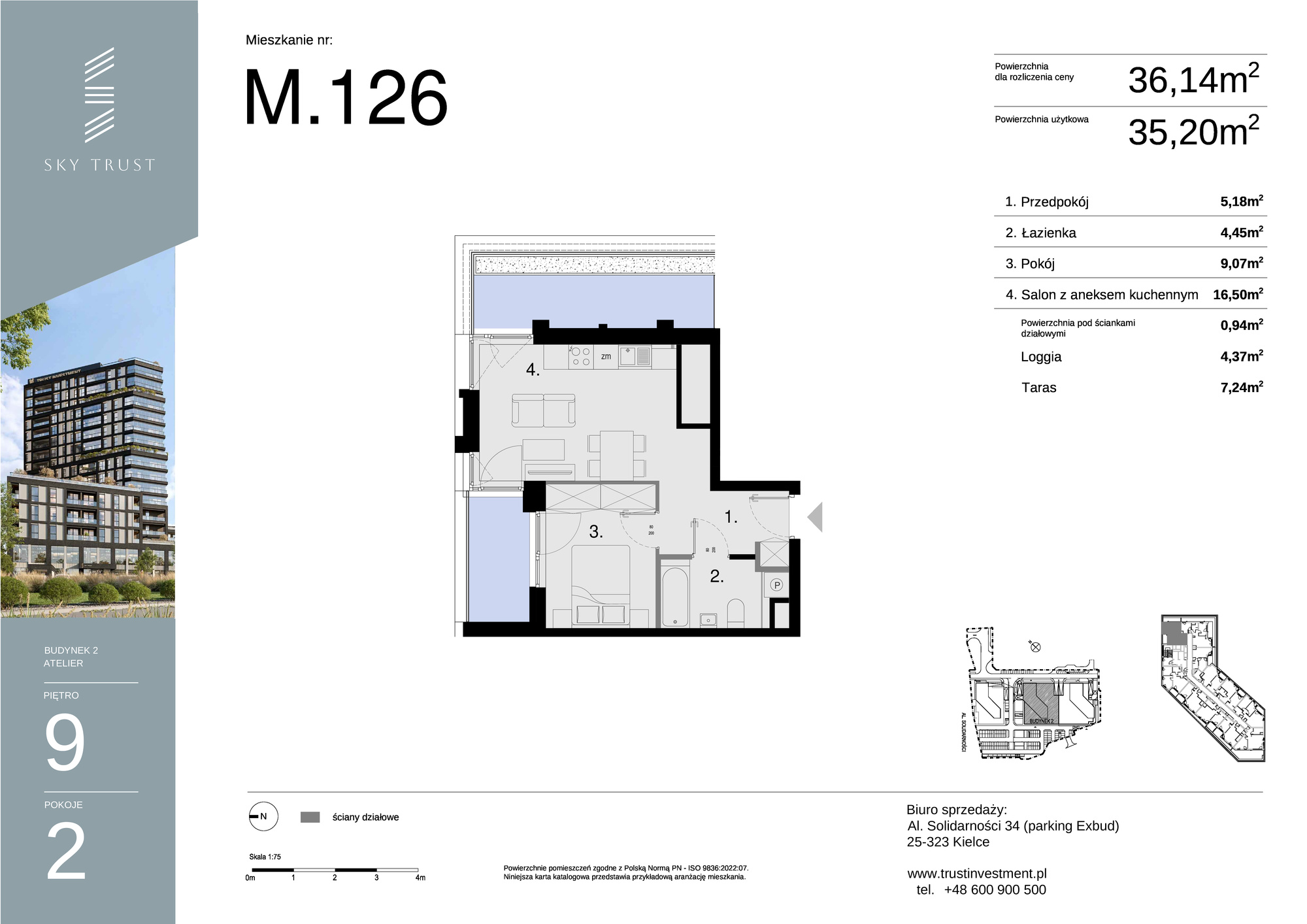 Mieszkanie 36,14 m², piętro 9, oferta nr M126, Sky Trust II , Kielce, Bocianek, al. Solidarności / ul. Świętokrzyska-idx