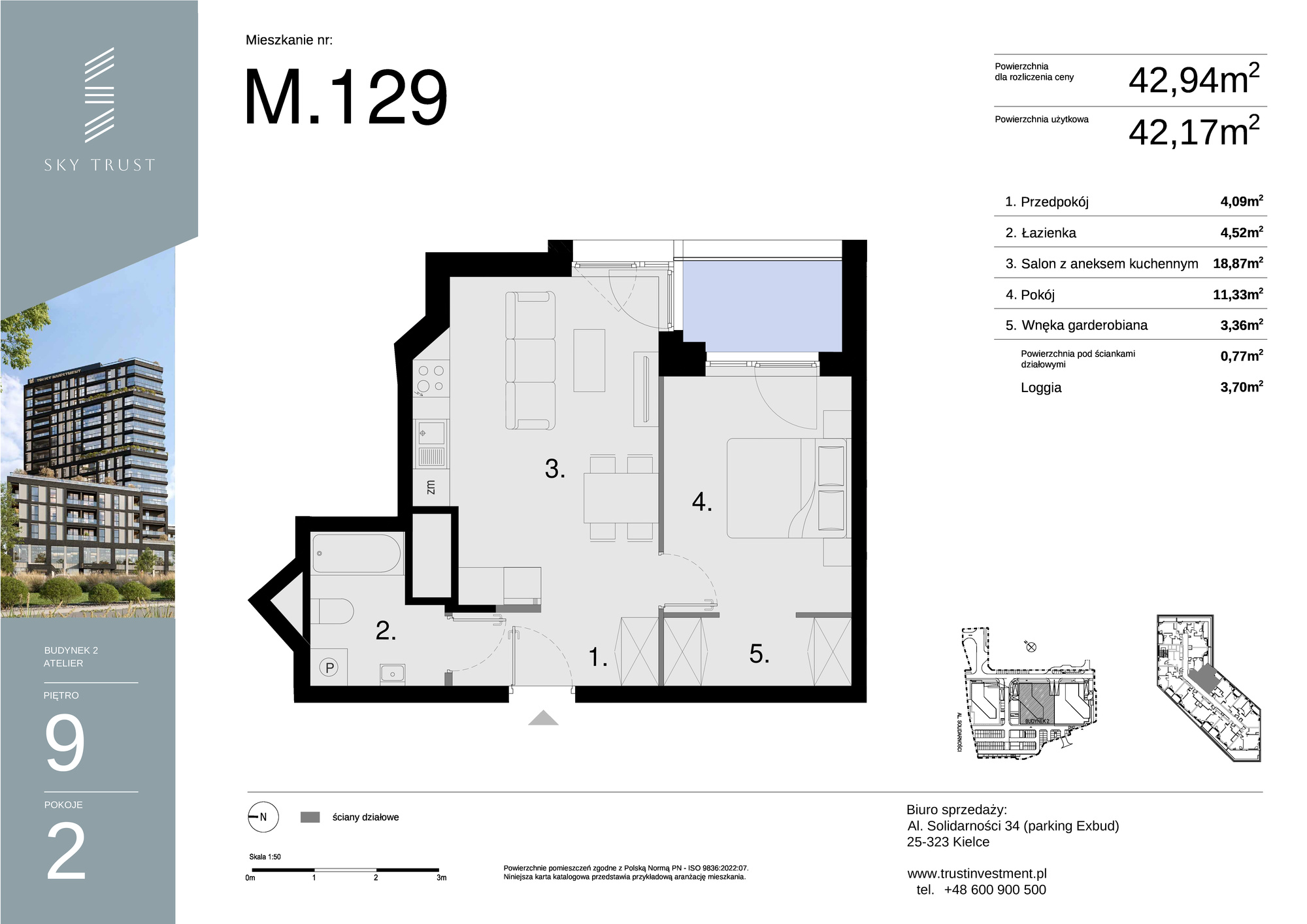 Mieszkanie 42,94 m², piętro 9, oferta nr M129, Sky Trust II , Kielce, Bocianek, al. Solidarności / ul. Świętokrzyska-idx