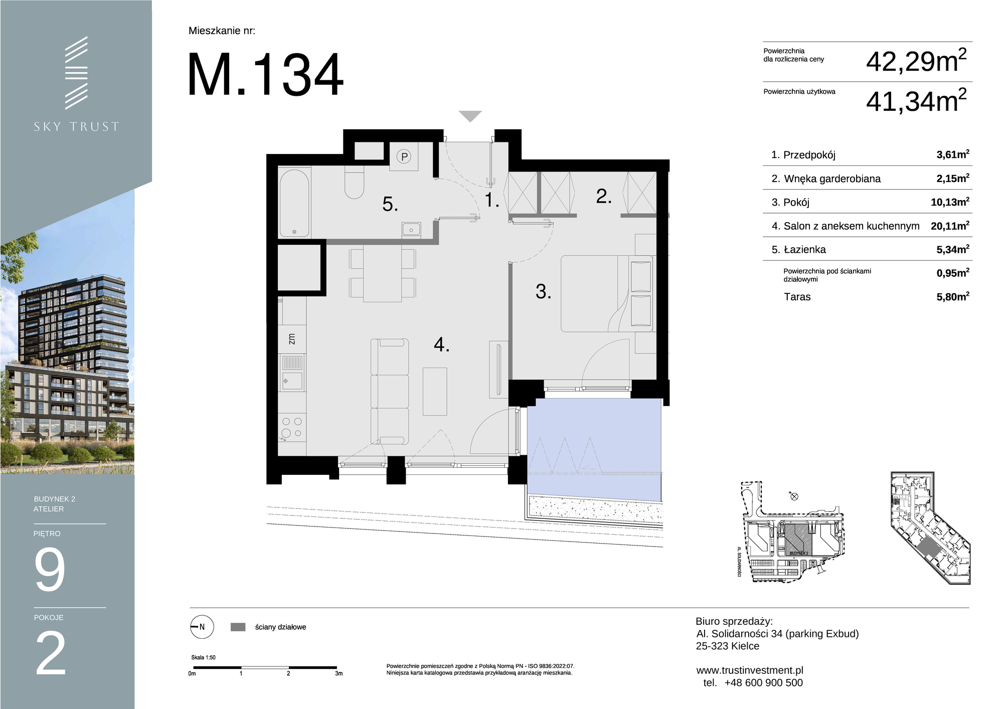 Mieszkanie 42,29 m², piętro 9, oferta nr M134, Sky Trust II , Kielce, Bocianek, al. Solidarności / ul. Świętokrzyska-idx