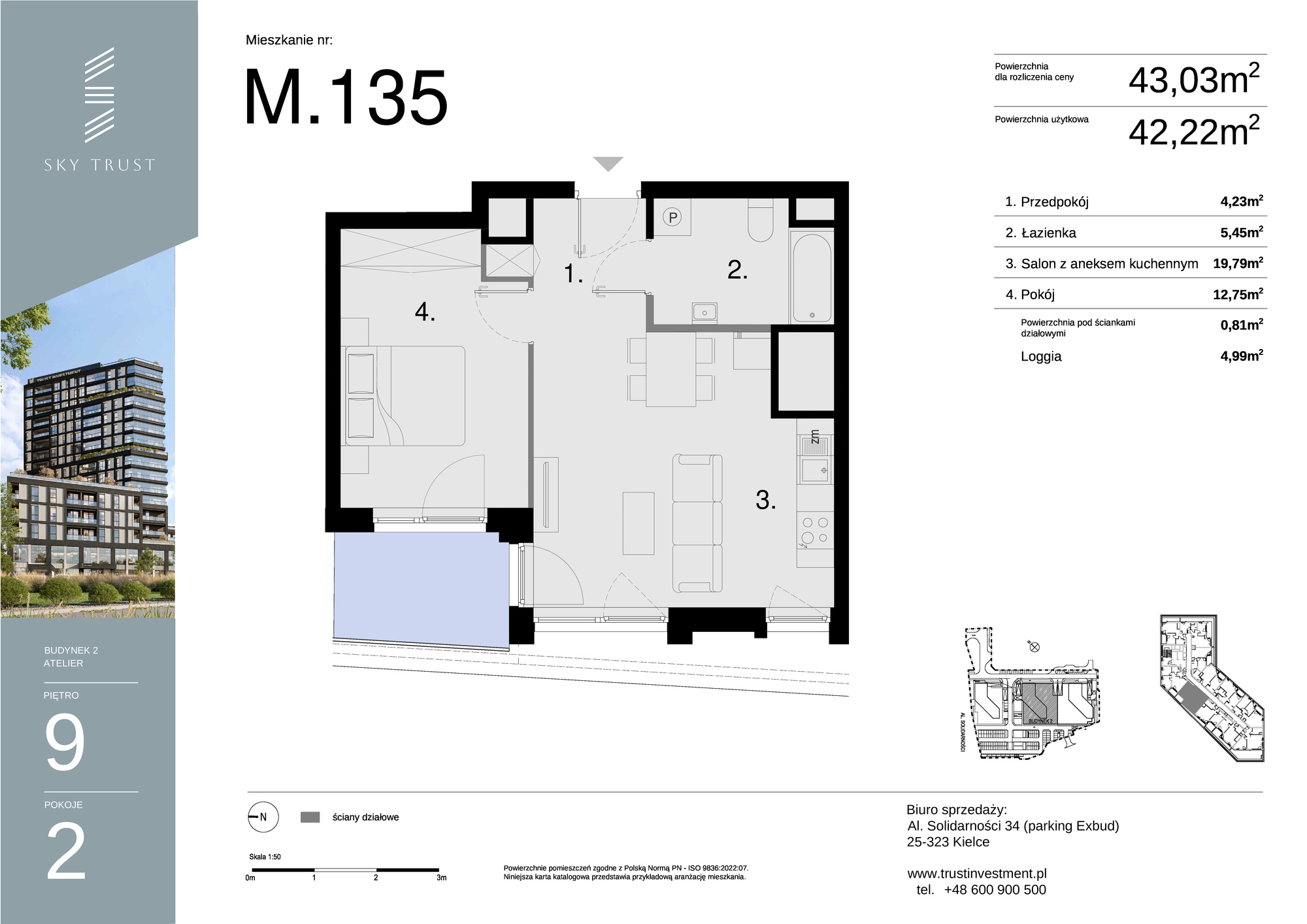 Mieszkanie 43,03 m², piętro 9, oferta nr M135, Sky Trust II , Kielce, Bocianek, al. Solidarności / ul. Świętokrzyska-idx