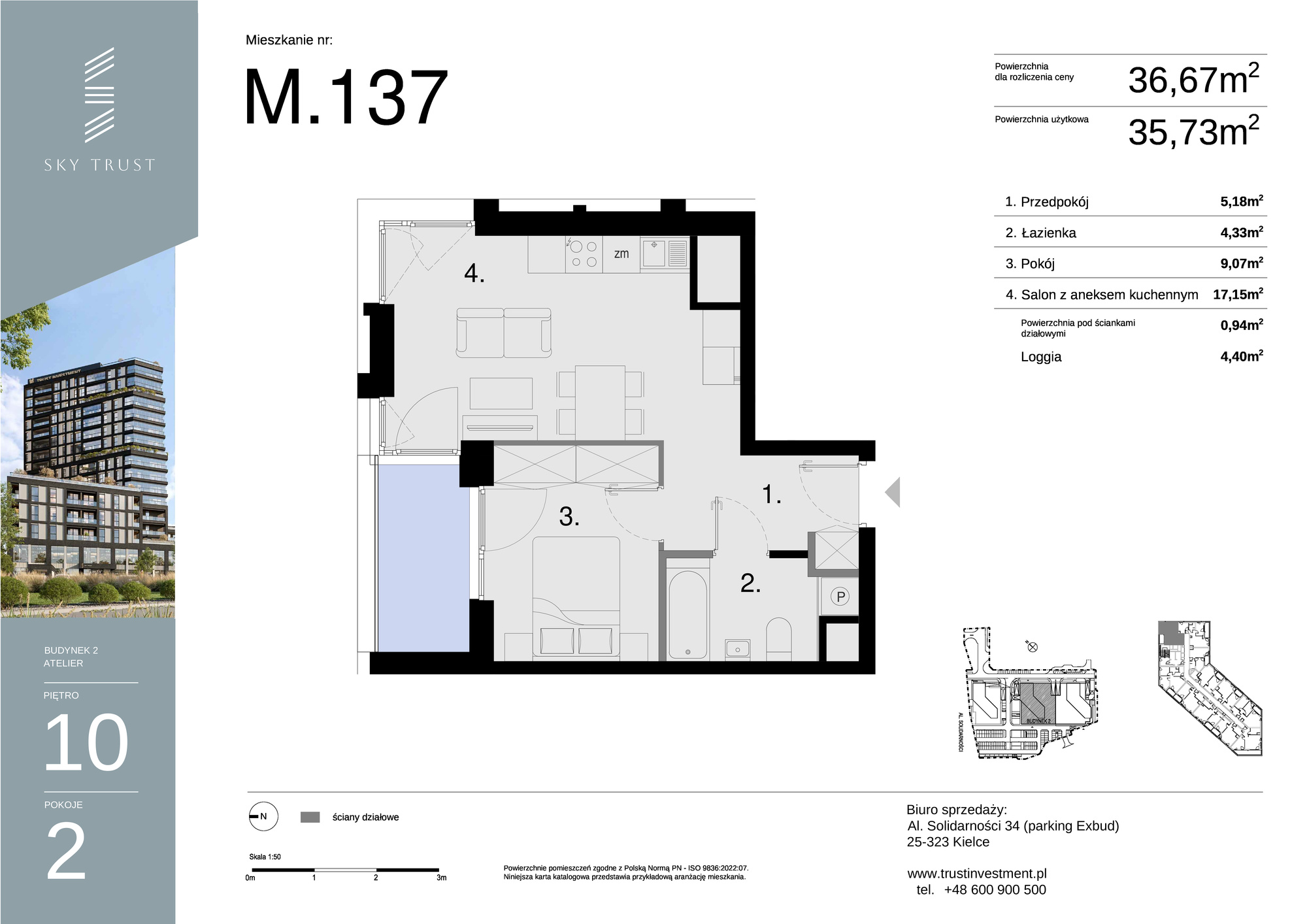 Mieszkanie 36,67 m², piętro 10, oferta nr M137, Sky Trust II , Kielce, Bocianek, al. Solidarności / ul. Świętokrzyska-idx