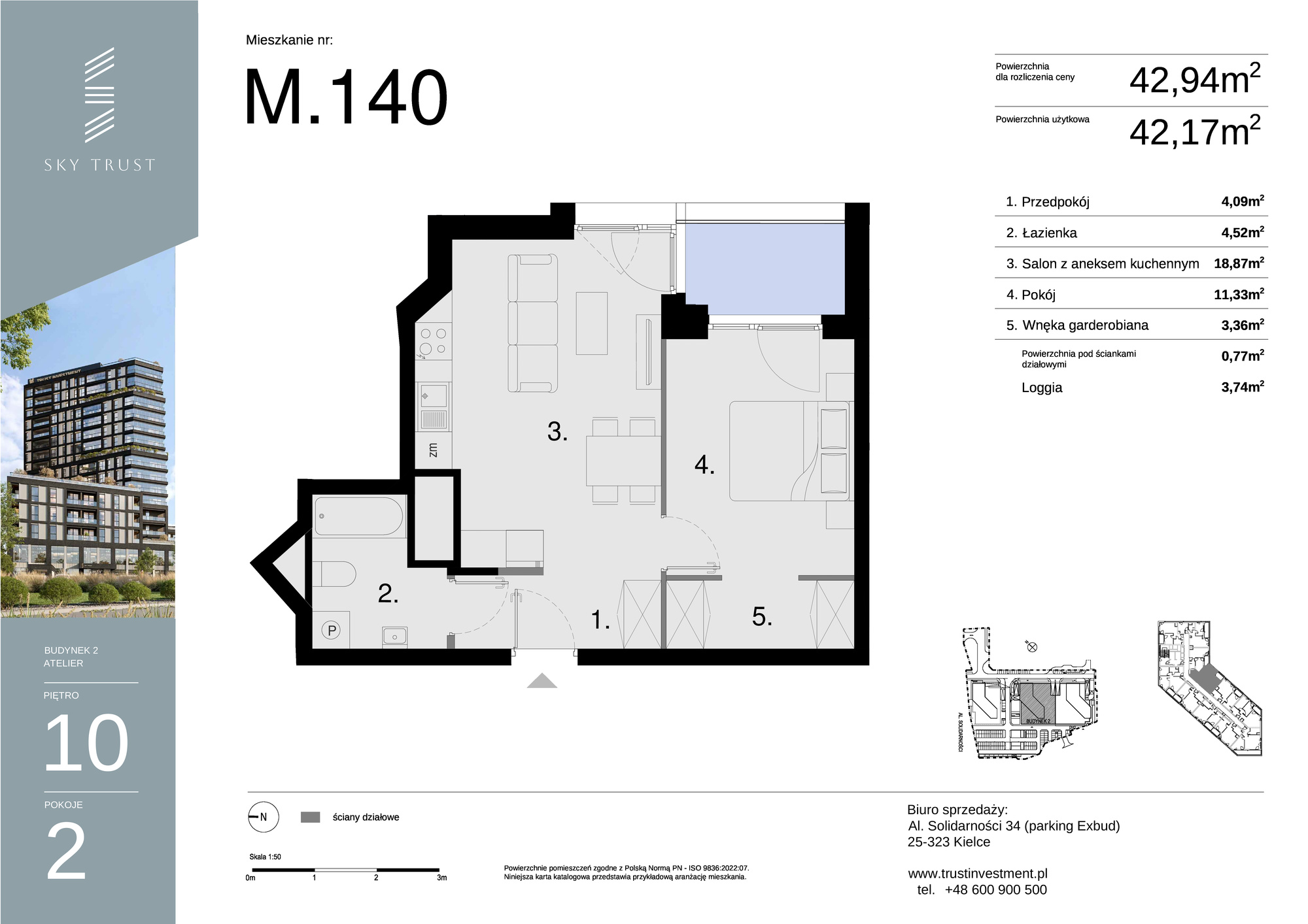 Mieszkanie 42,94 m², piętro 10, oferta nr M140, Sky Trust II , Kielce, Bocianek, al. Solidarności / ul. Świętokrzyska-idx