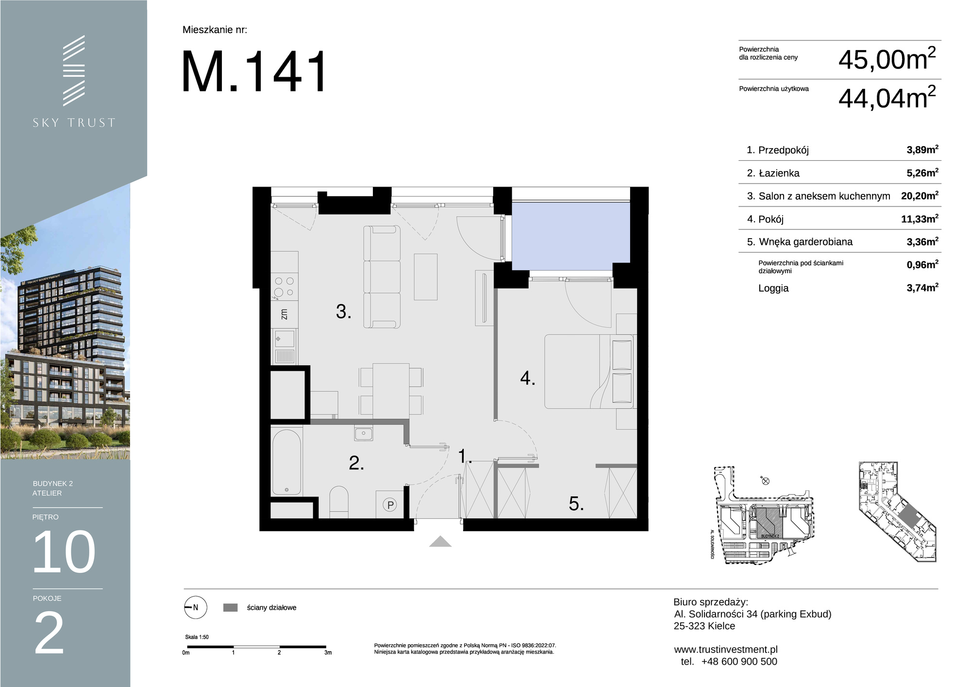 Mieszkanie 45,00 m², piętro 10, oferta nr M141, Sky Trust II , Kielce, Bocianek, al. Solidarności / ul. Świętokrzyska-idx