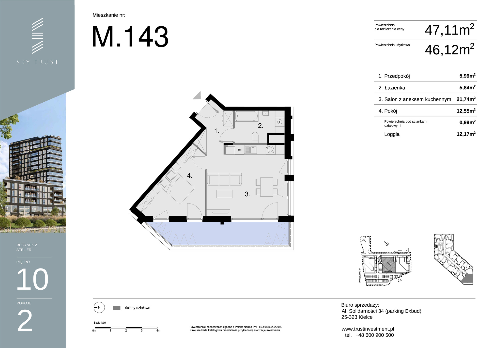 Mieszkanie 47,11 m², piętro 10, oferta nr M143, Sky Trust II , Kielce, Bocianek, al. Solidarności / ul. Świętokrzyska-idx