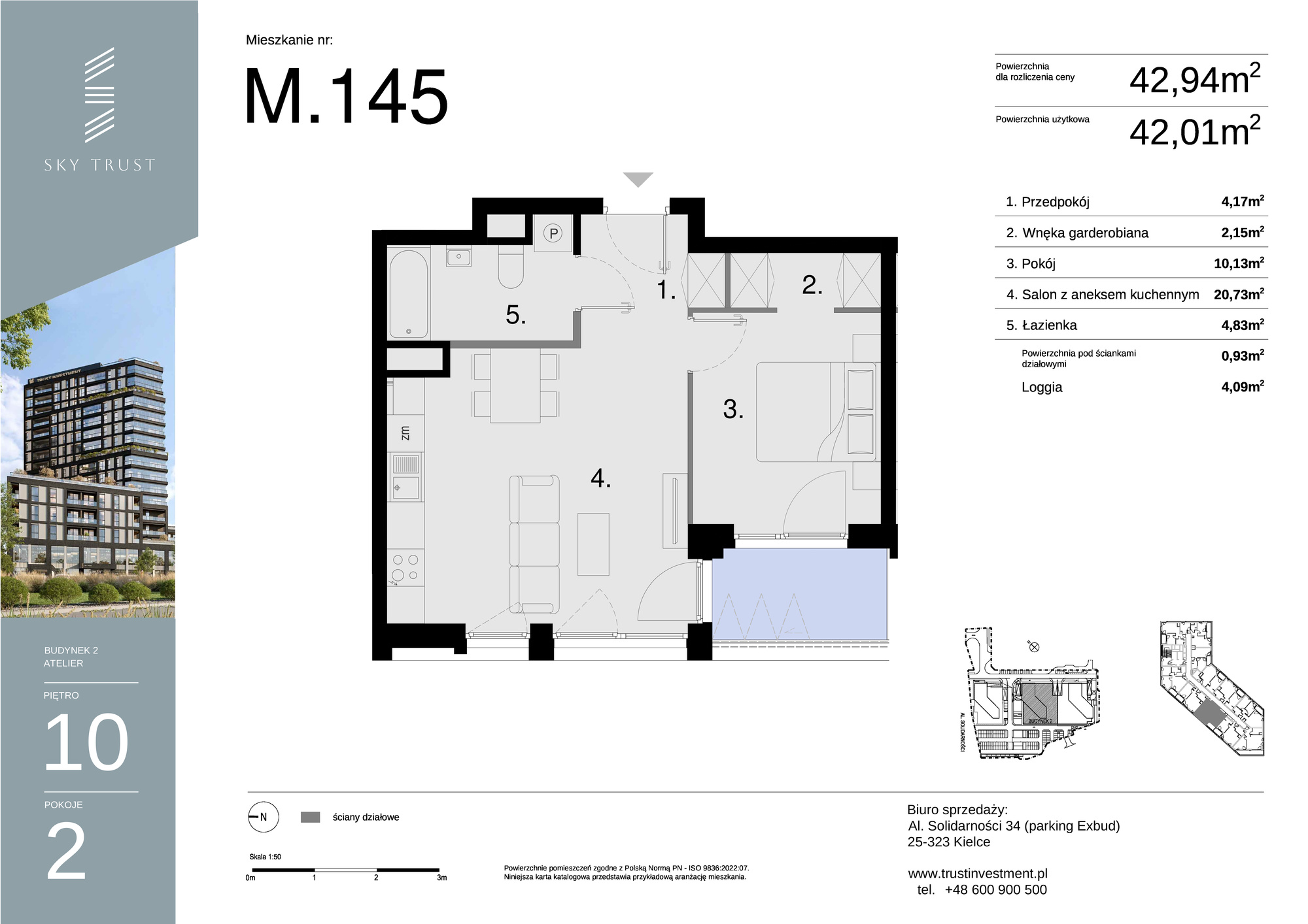 Mieszkanie 42,94 m², piętro 10, oferta nr M145, Sky Trust II , Kielce, Bocianek, al. Solidarności / ul. Świętokrzyska-idx