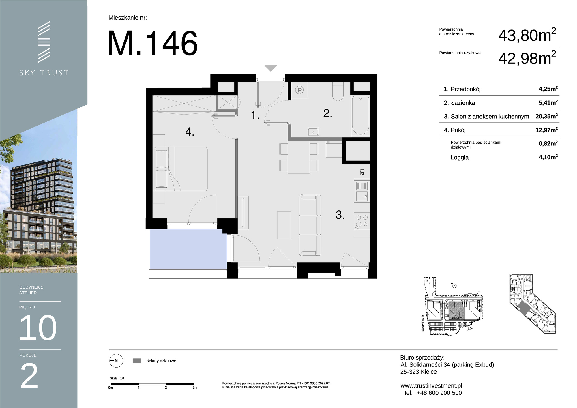 Mieszkanie 43,80 m², piętro 10, oferta nr M146, Sky Trust II , Kielce, Bocianek, al. Solidarności / ul. Świętokrzyska-idx