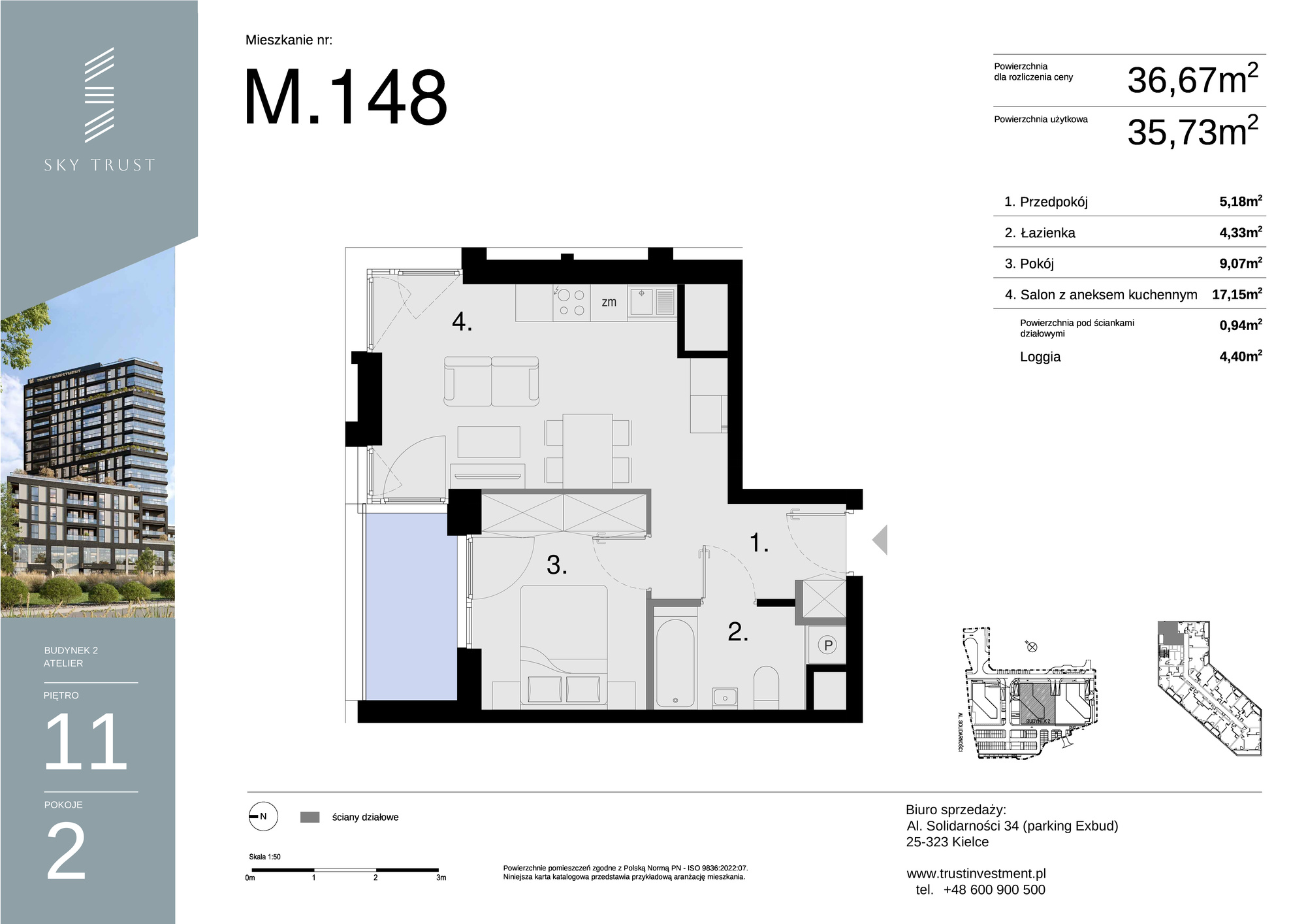 Mieszkanie 36,67 m², piętro 11, oferta nr M148, Sky Trust II , Kielce, Bocianek, al. Solidarności / ul. Świętokrzyska-idx