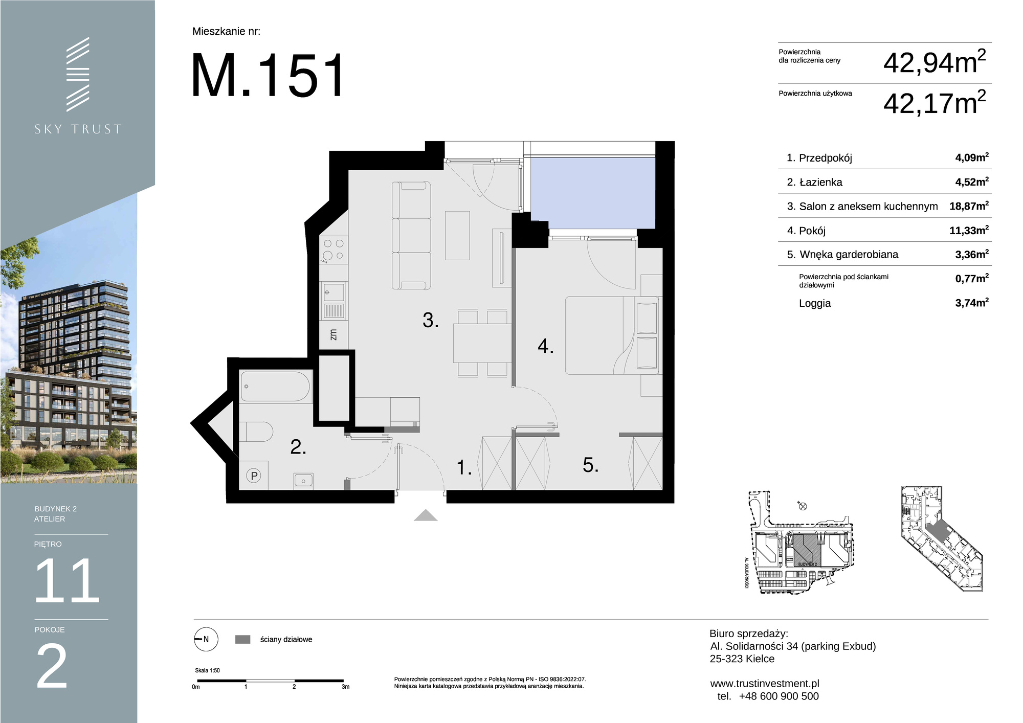 Mieszkanie 42,94 m², piętro 11, oferta nr M151, Sky Trust II , Kielce, Bocianek, al. Solidarności / ul. Świętokrzyska-idx