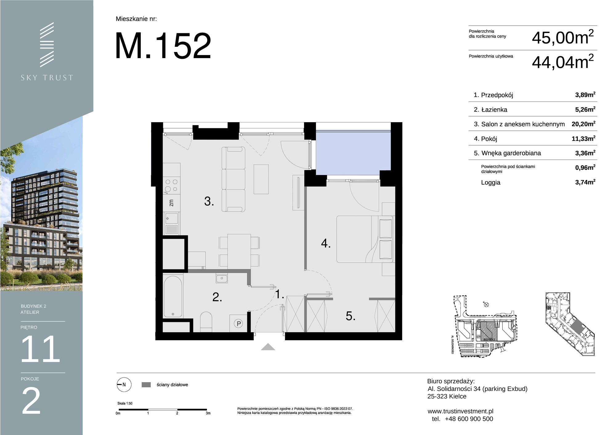 Mieszkanie 45,00 m², piętro 11, oferta nr M152, Sky Trust II , Kielce, Bocianek, al. Solidarności / ul. Świętokrzyska-idx