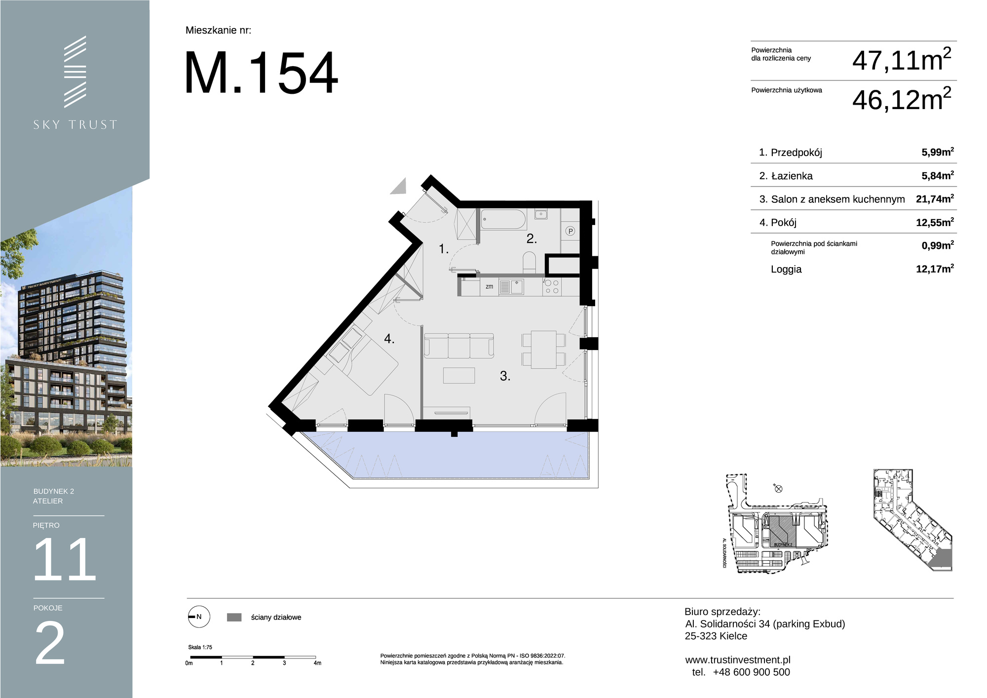 Mieszkanie 47,11 m², piętro 11, oferta nr M154, Sky Trust II , Kielce, Bocianek, al. Solidarności / ul. Świętokrzyska-idx