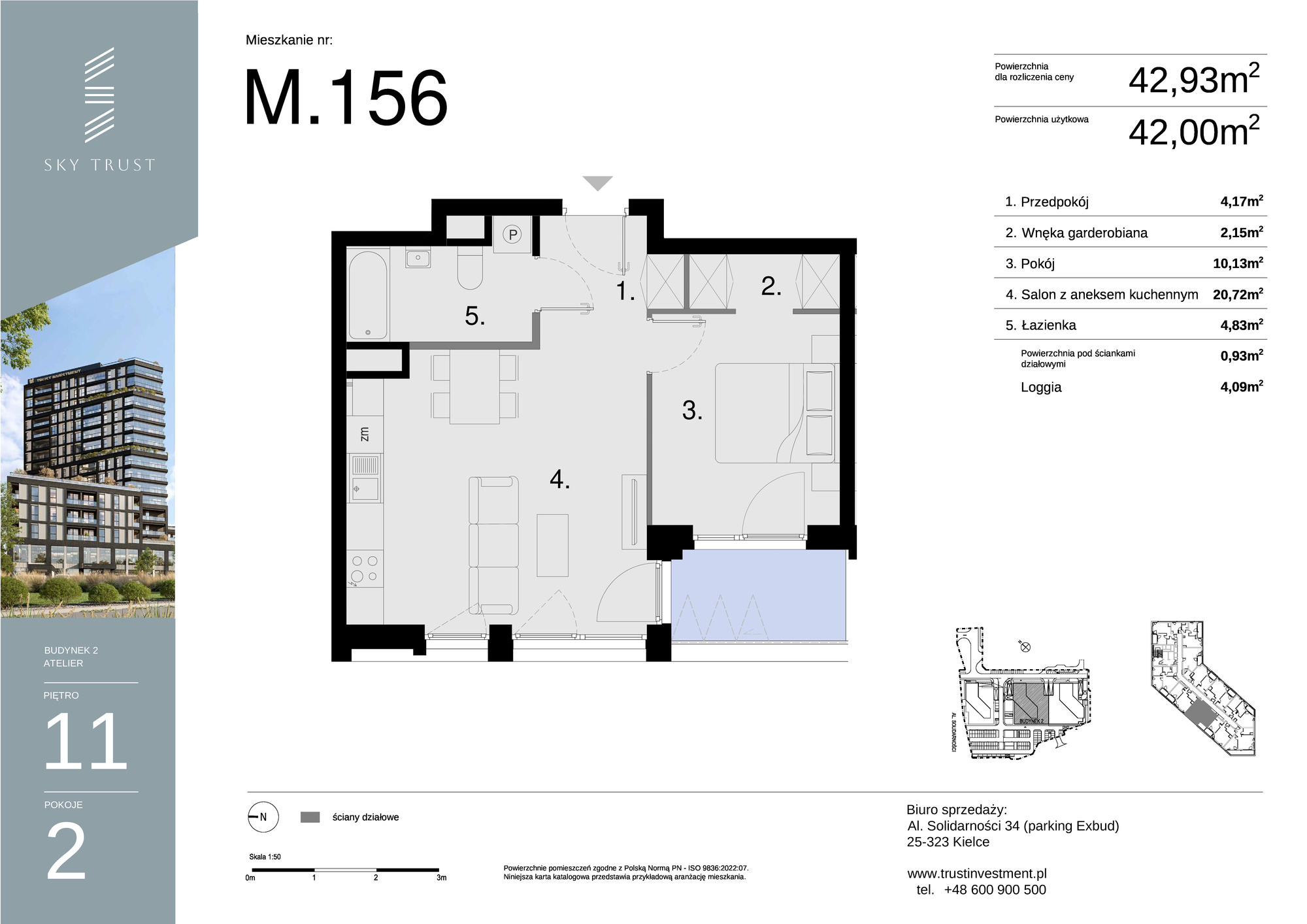 Mieszkanie 42,93 m², piętro 11, oferta nr M156, Sky Trust II , Kielce, Bocianek, al. Solidarności / ul. Świętokrzyska-idx