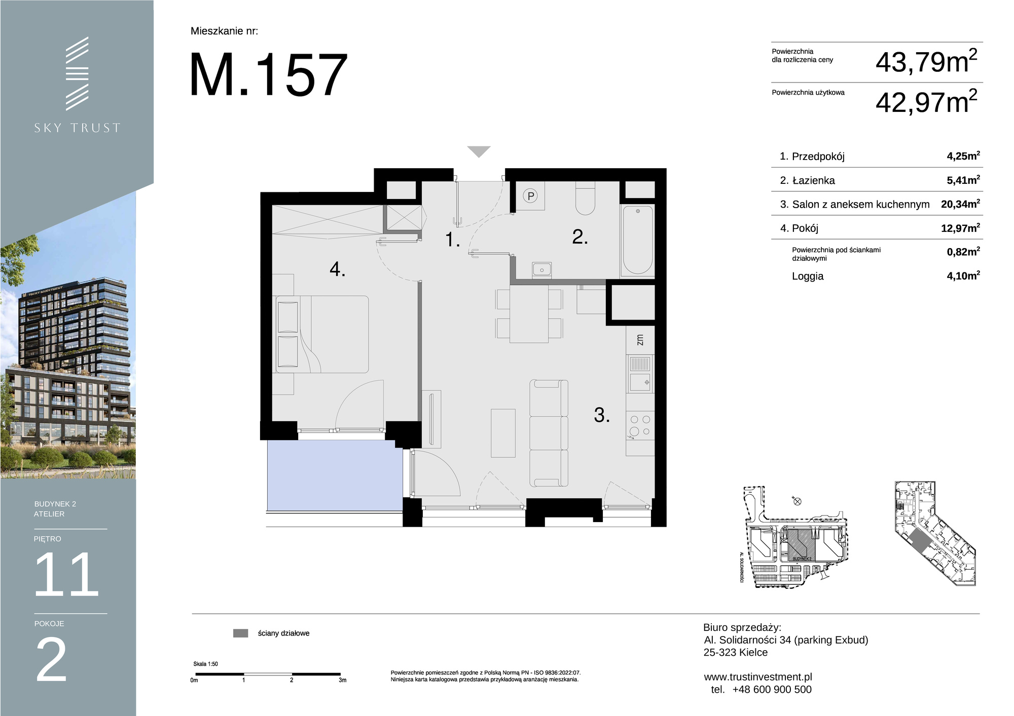 Mieszkanie 43,79 m², piętro 11, oferta nr M157, Sky Trust II , Kielce, Bocianek, al. Solidarności / ul. Świętokrzyska-idx