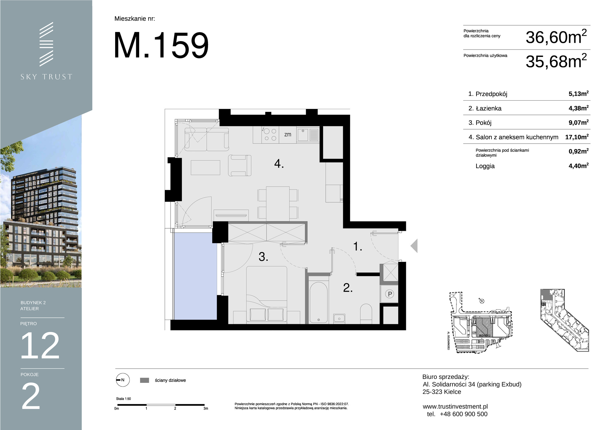 Mieszkanie 36,60 m², piętro 12, oferta nr M159, Sky Trust II , Kielce, Bocianek, al. Solidarności / ul. Świętokrzyska-idx