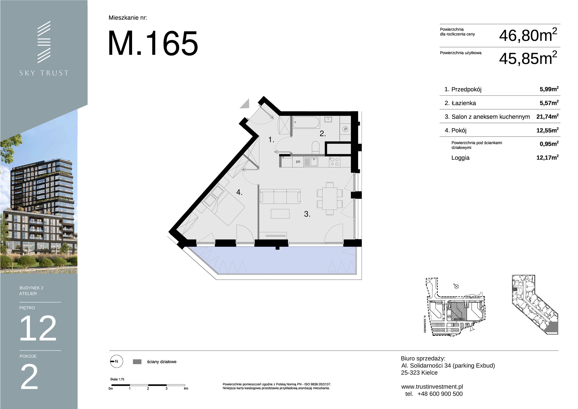 Mieszkanie 46,80 m², piętro 12, oferta nr M165, Sky Trust II , Kielce, Bocianek, al. Solidarności / ul. Świętokrzyska-idx