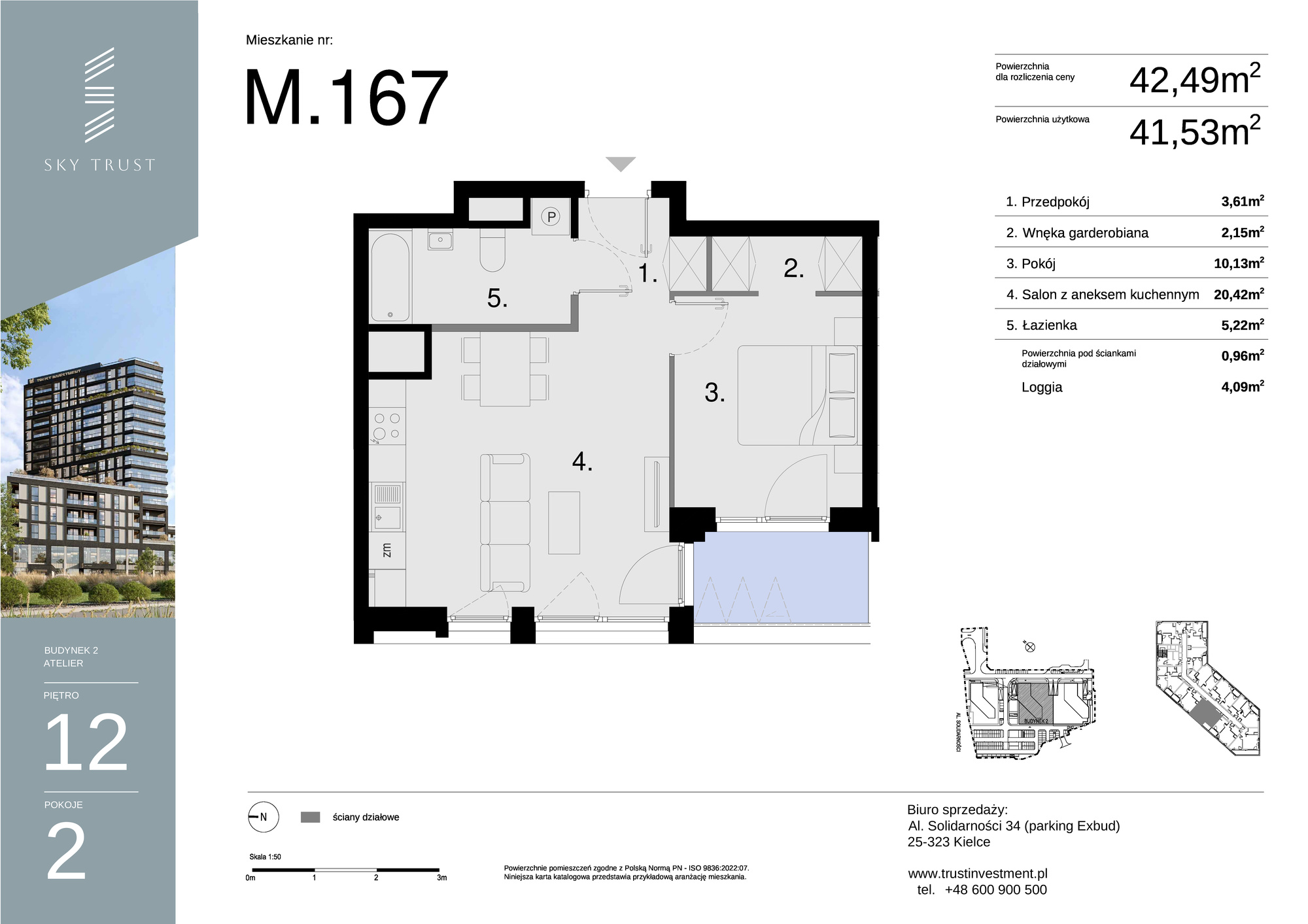 Mieszkanie 42,49 m², piętro 12, oferta nr M167, Sky Trust II , Kielce, Bocianek, al. Solidarności / ul. Świętokrzyska-idx