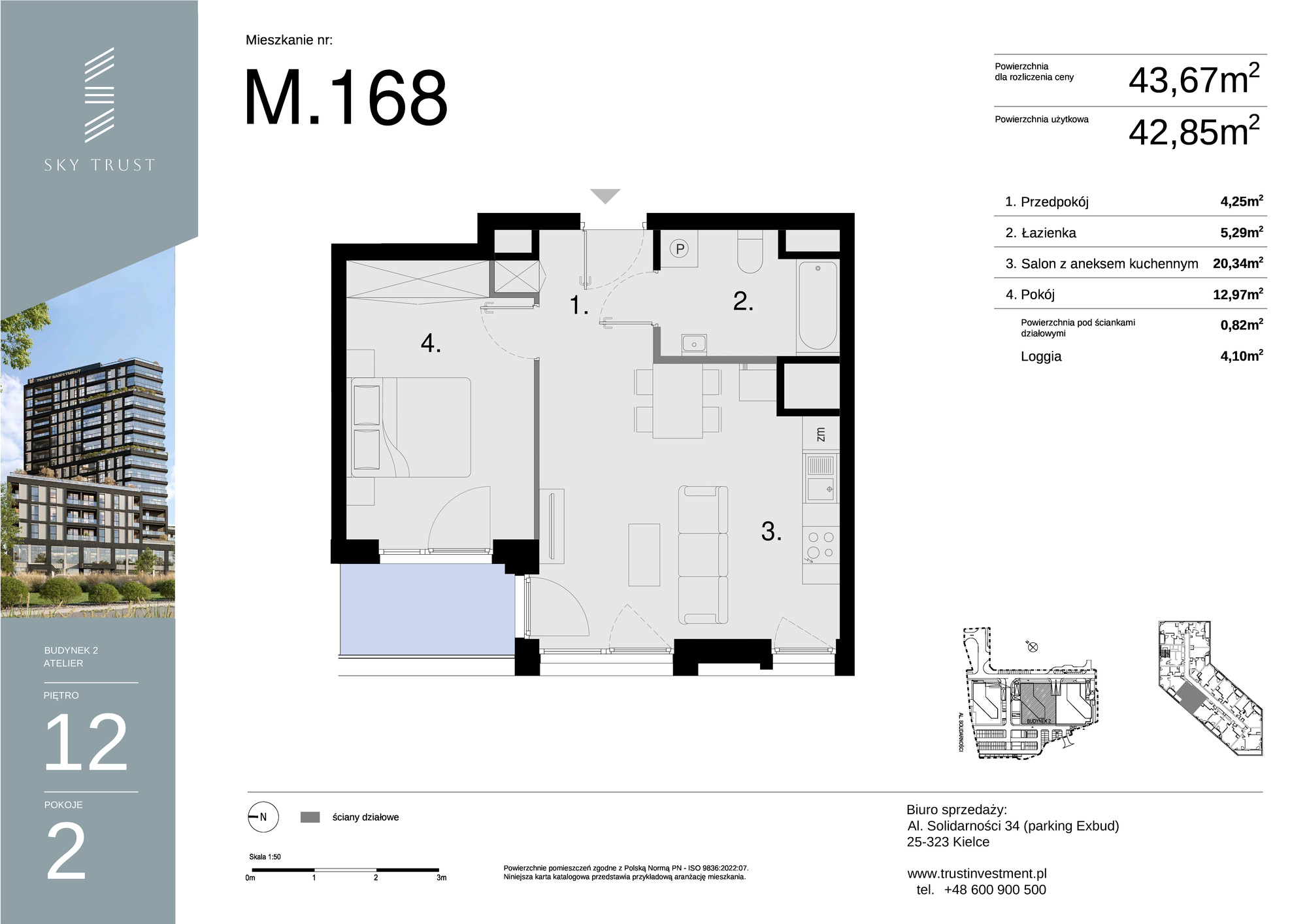 Mieszkanie 43,67 m², piętro 12, oferta nr M168, Sky Trust II , Kielce, Bocianek, al. Solidarności / ul. Świętokrzyska-idx